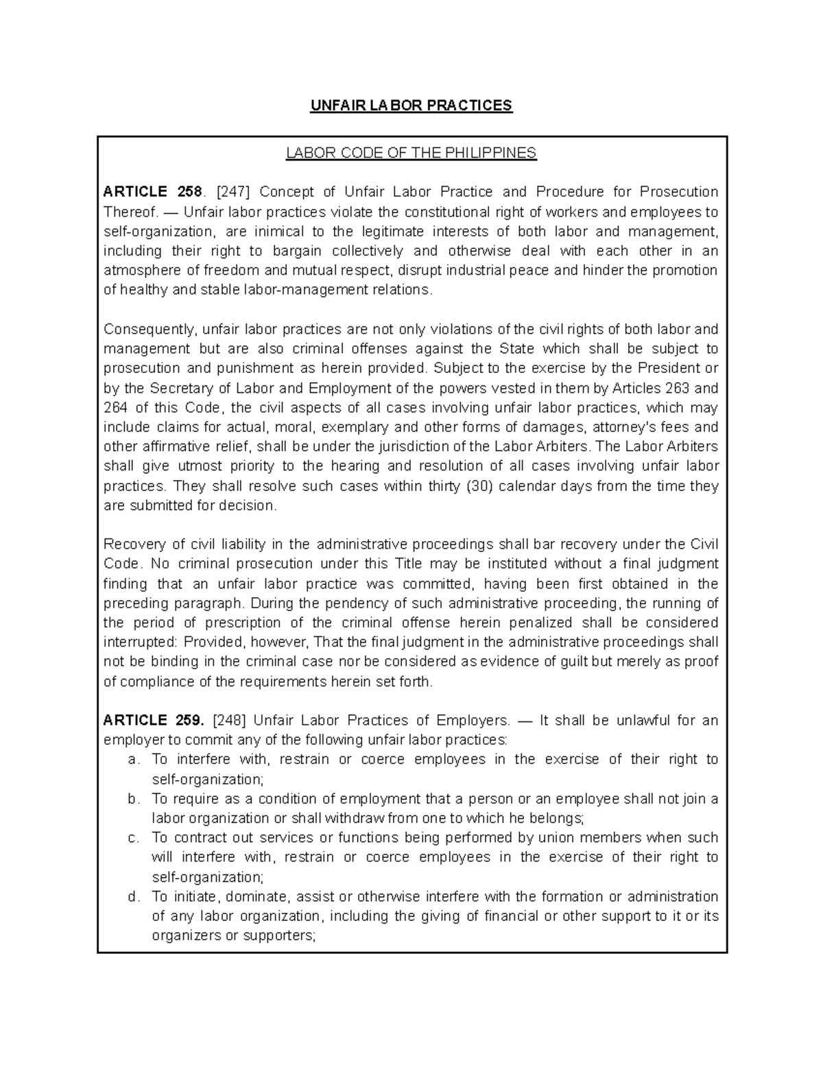 Labor Code of the Philippines: Unfair Labor Practices Overview - Studocu
