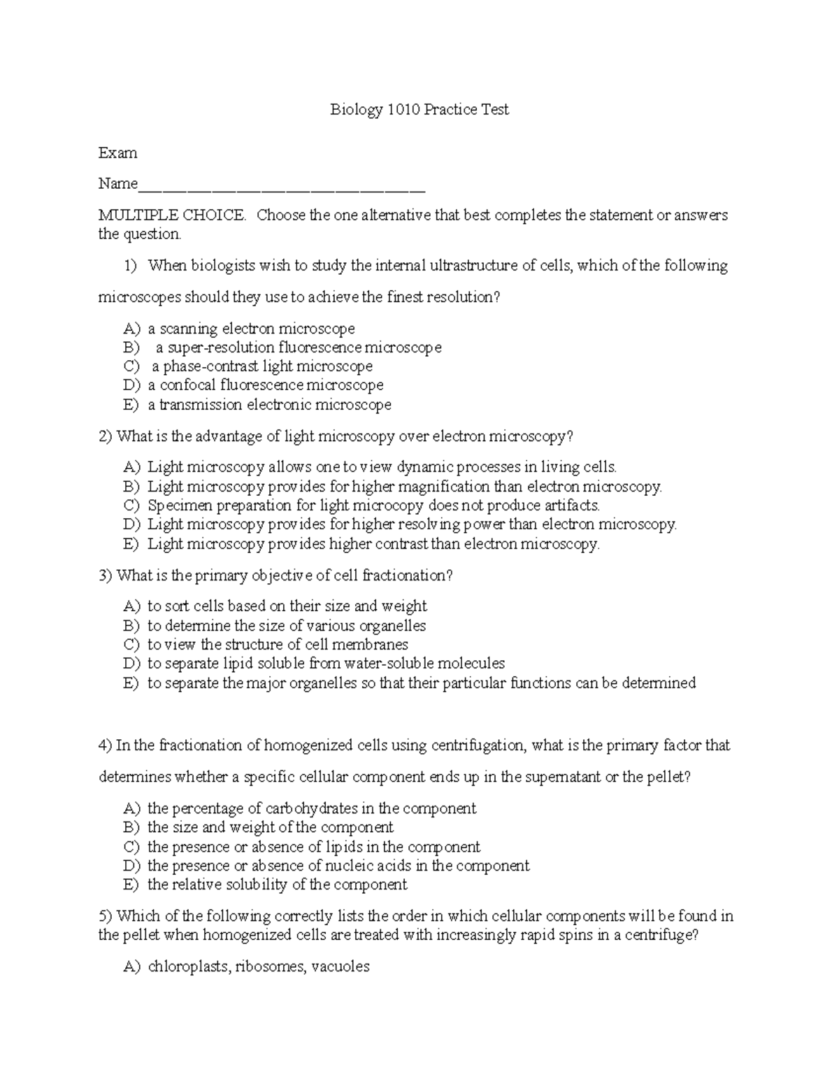 Biology 1010 Practice Test: Multiple Choice Questions - Studocu