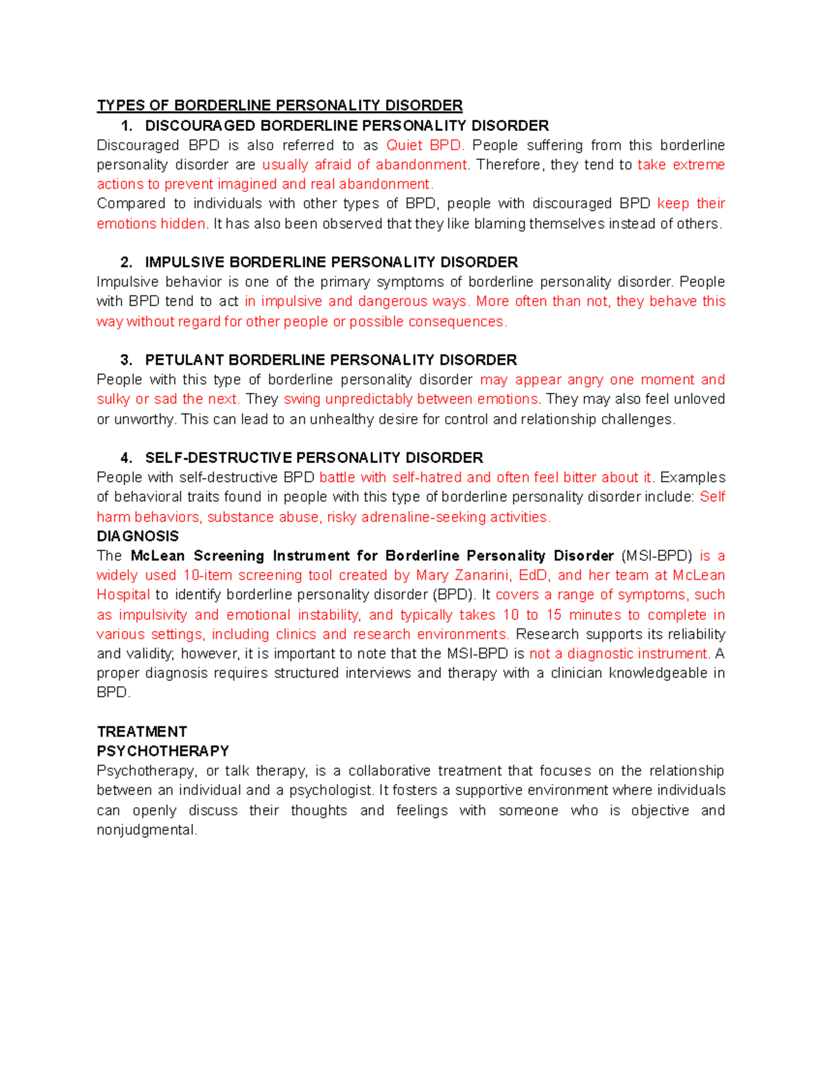 Script - TYPES OF BORDERLINE PERSONALITY DISORDER 1. DISCOURAGED ...