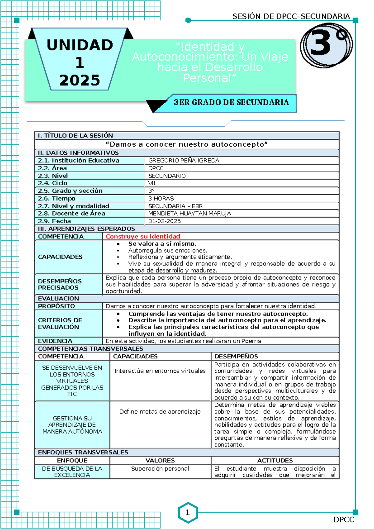 Sesión de Aprendizaje - DPCC 1 - Identidad y Autoconocimiento 3º Grado ...