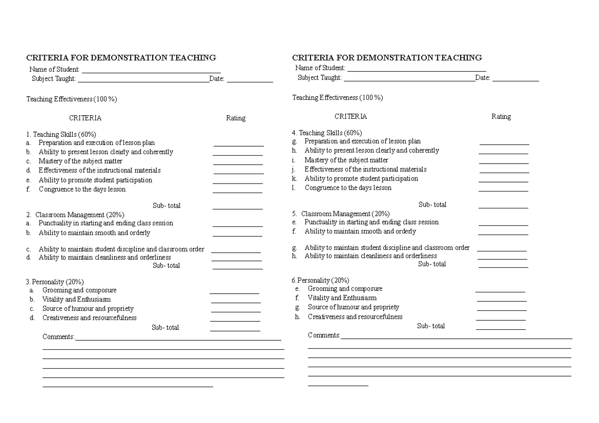 Demo Teaching Evaluation Criteria and Assessment Rubric - Studocu