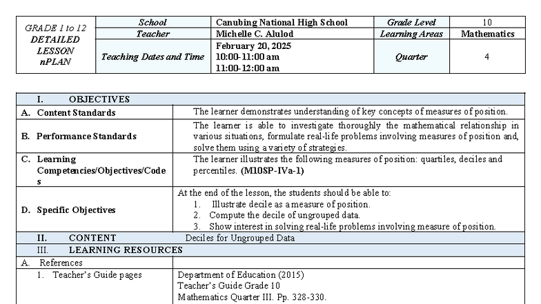 Grade 10 Mathematics Lesson Plan: Deciles for Ungrouped Data - Studocu