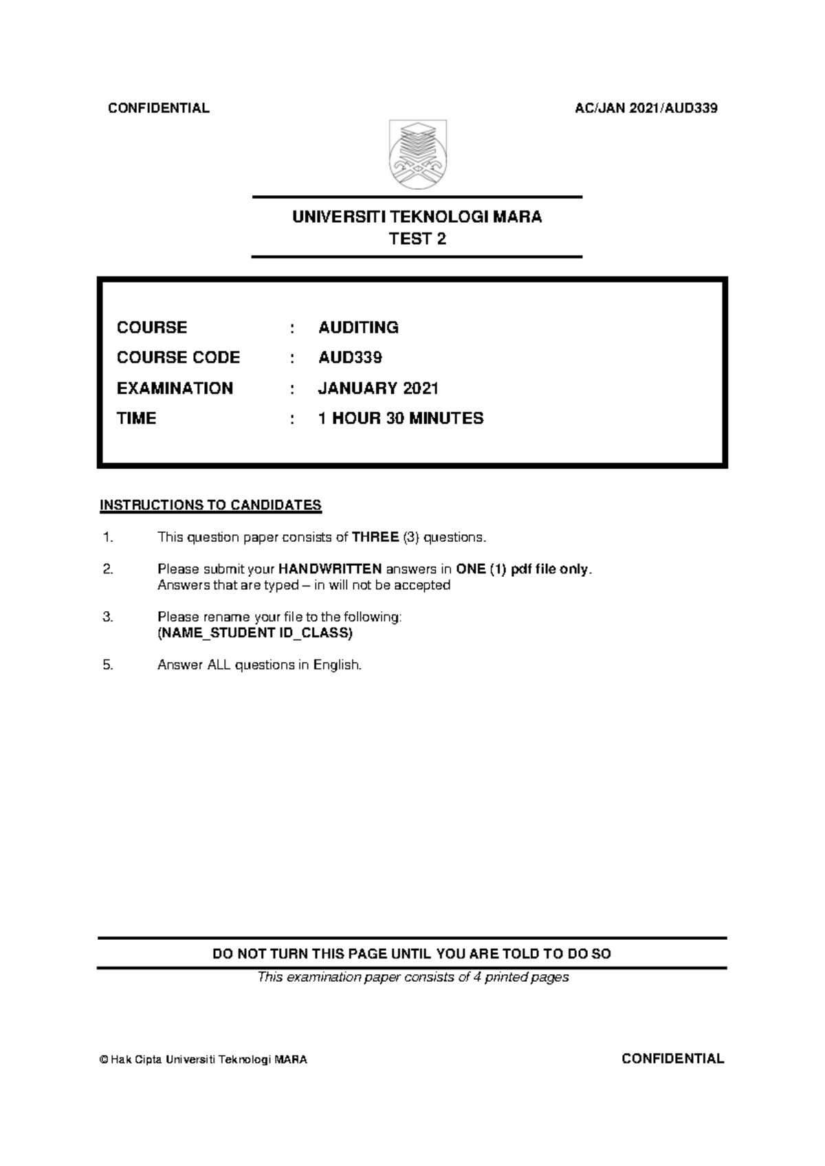Test 2 AUDIT AUD339 2020 Test 2 AUDIT AUD339 2020 - Auditing - UiTM ...