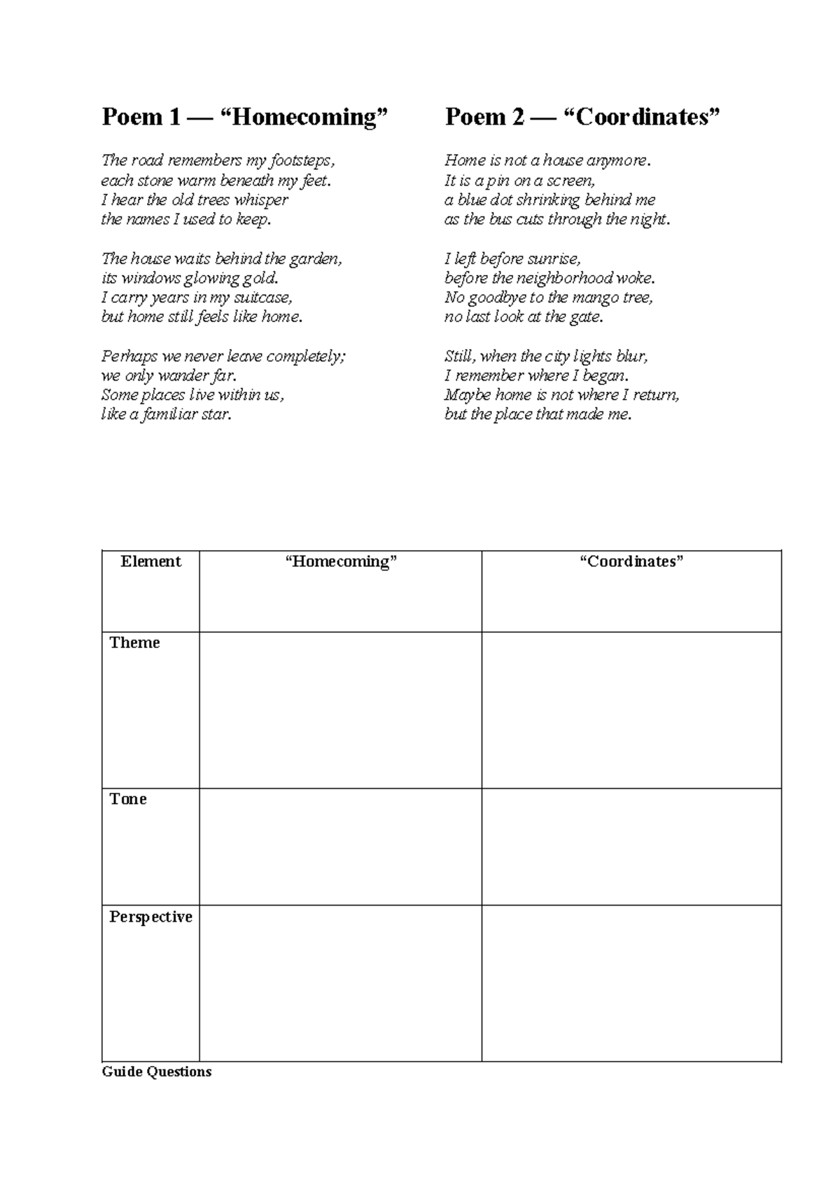 Poem Comparisons: Theme, Tone, and Perspective Analysis - Studocu