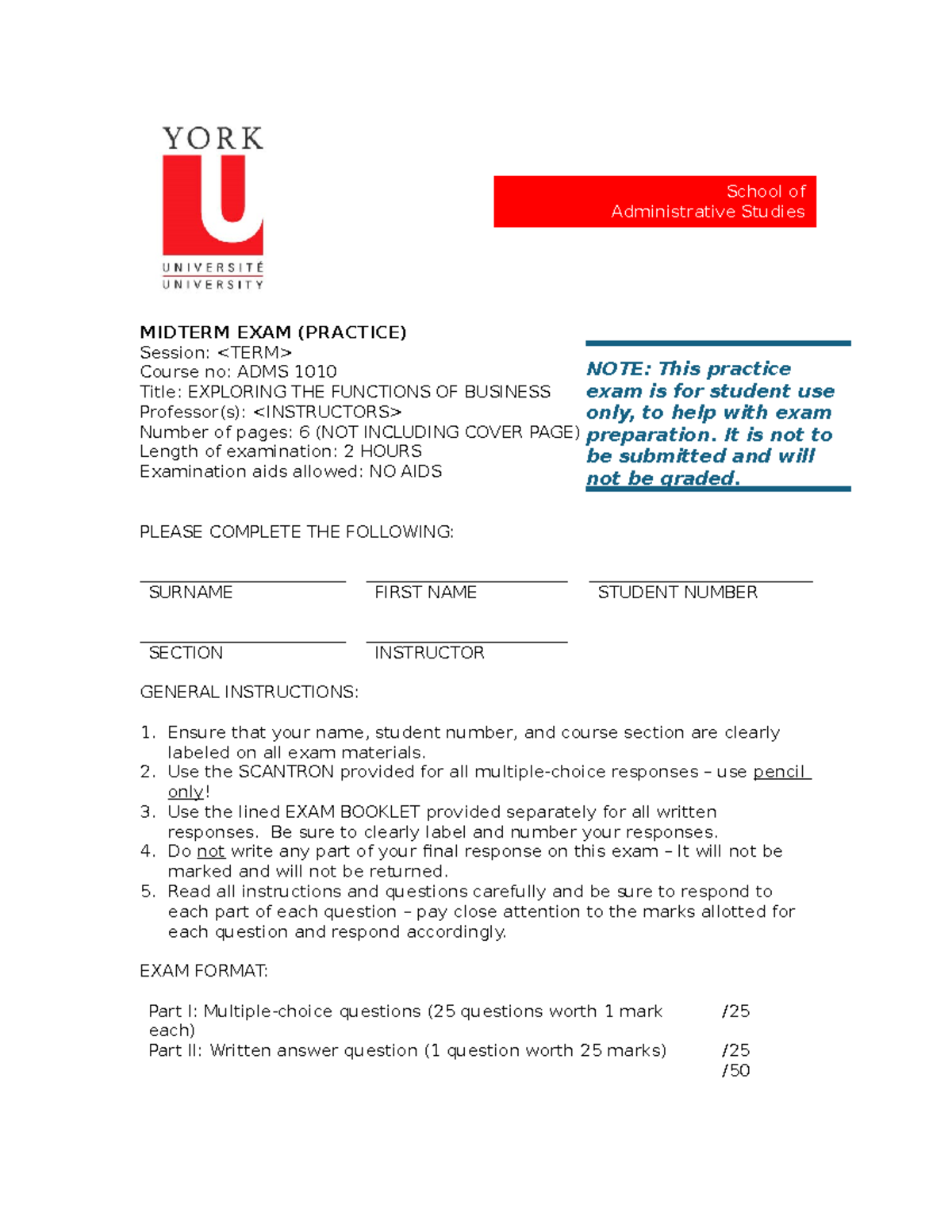 ADMS 1010 MIDTERM EXAM PRACTICE: FUNCTIONS OF BUSINESS REVIEW - Studocu