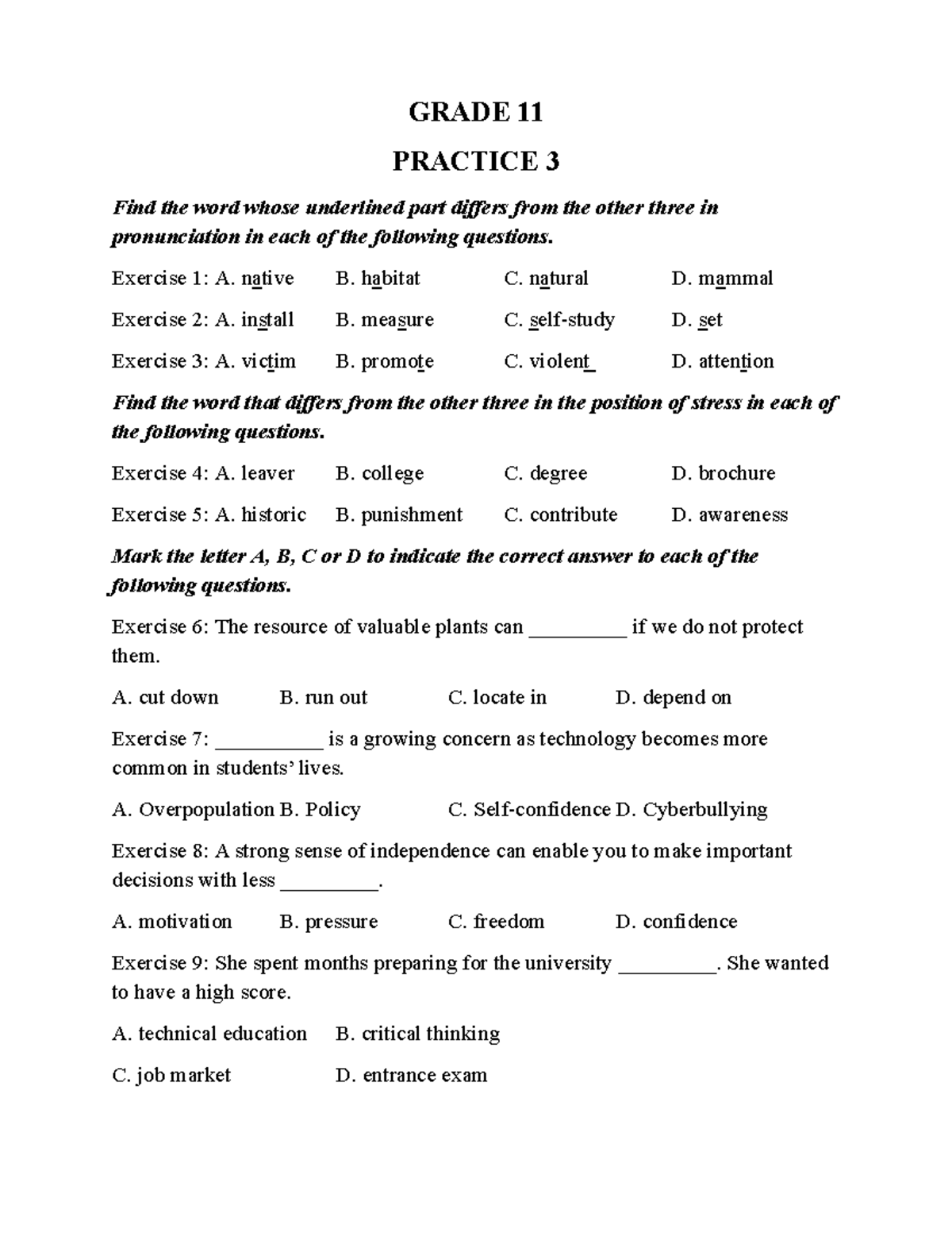 Grade 11-P3 Final Practice Questions and Exercises for G11 Students ...