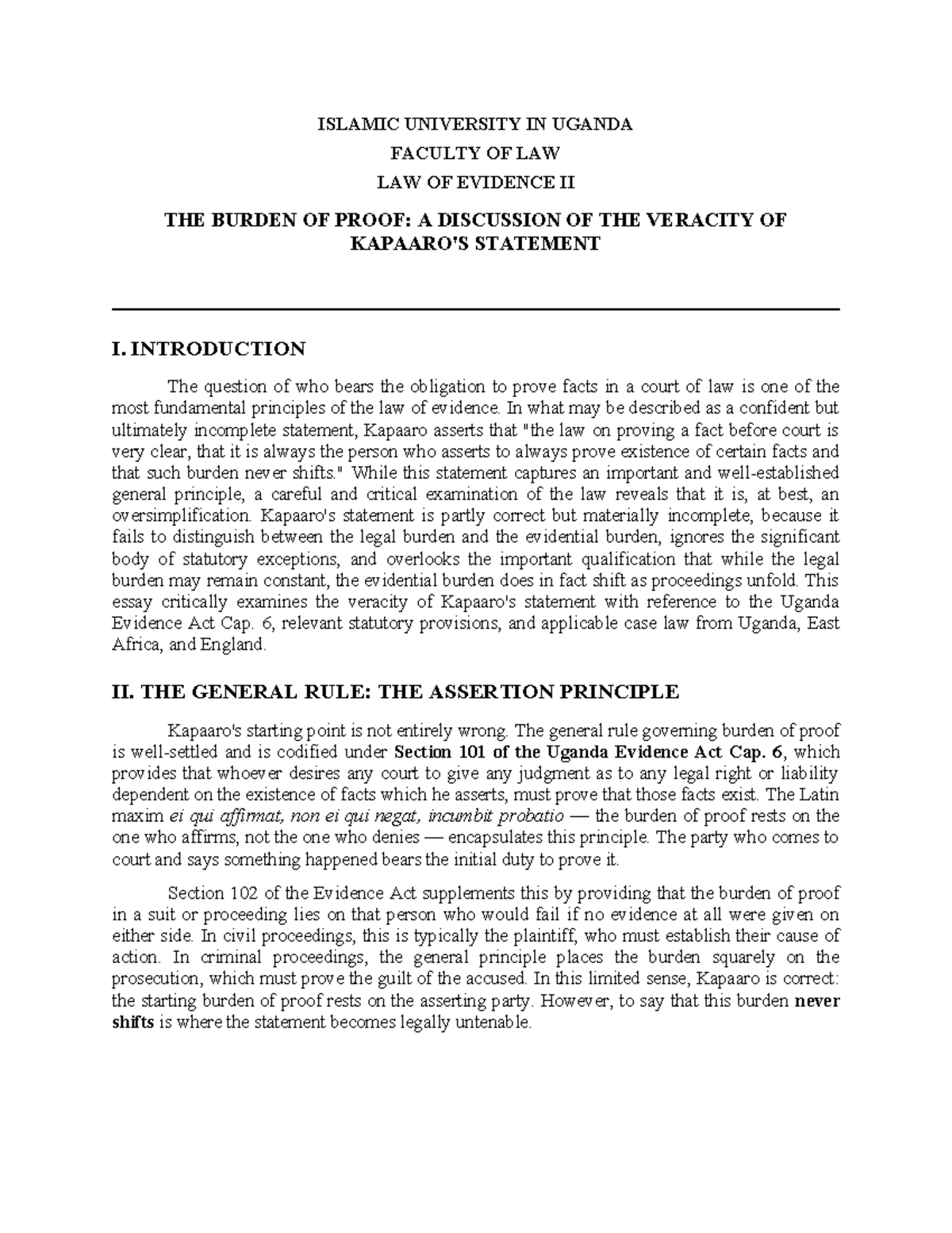 Burden of Proof in Law of Evidence II: A Critical Analysis - Studocu