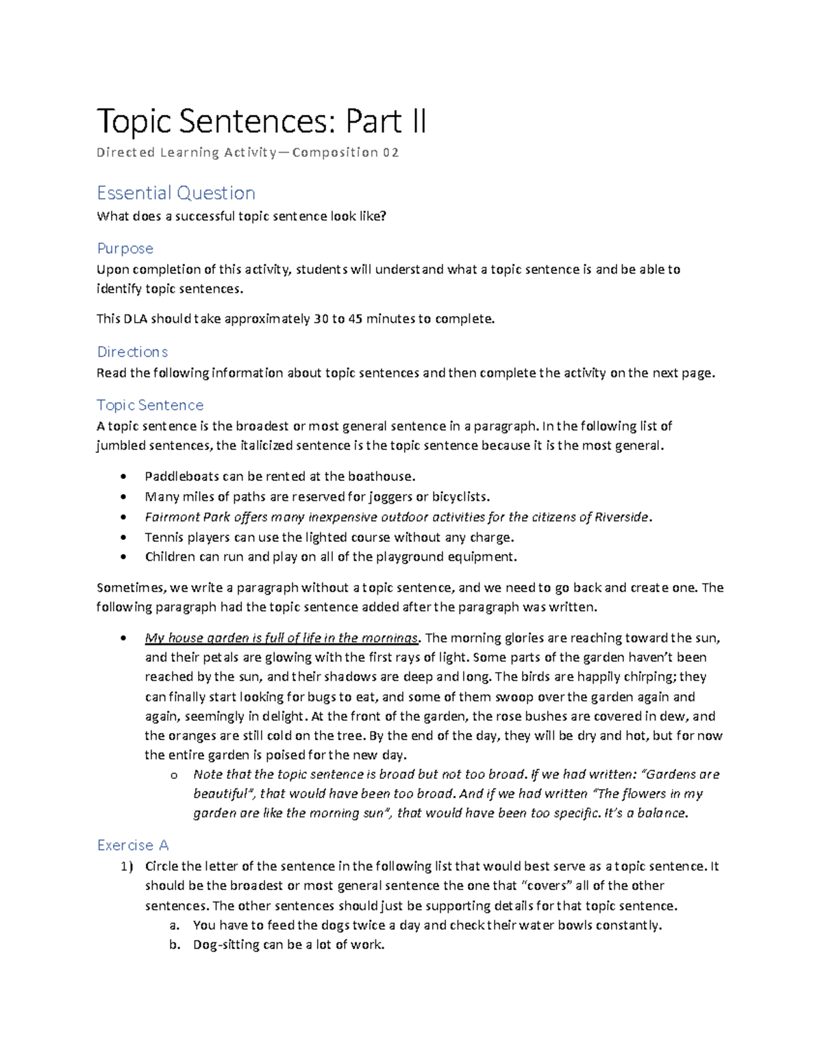 DLA - C 2 Topic Sentences: Understanding and Identifying Them - Studocu