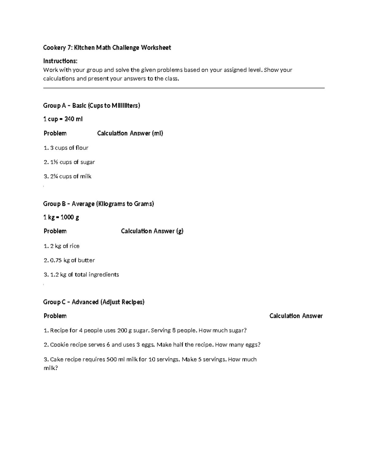 Cookery 7: Kitchen Math Challenge Group Activity Worksheet - Studocu