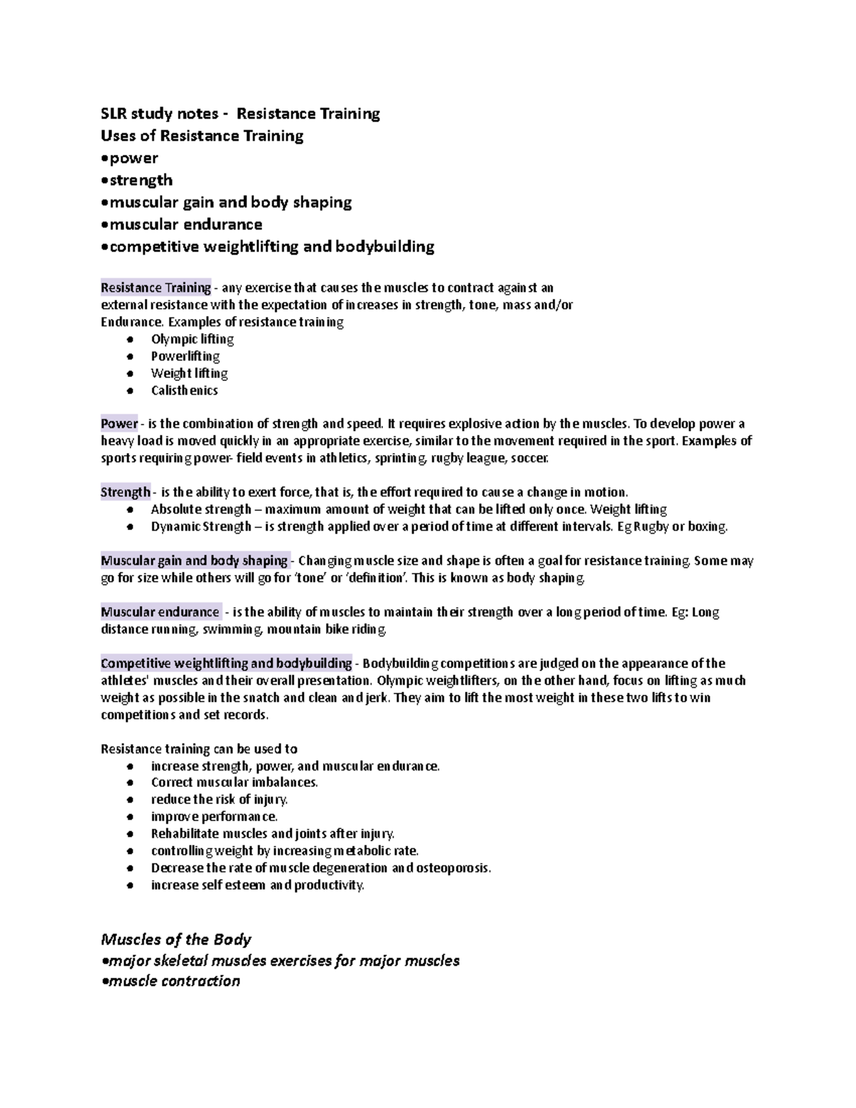 SLR Study Notes: Resistance Training Techniques and Benefits - Studocu