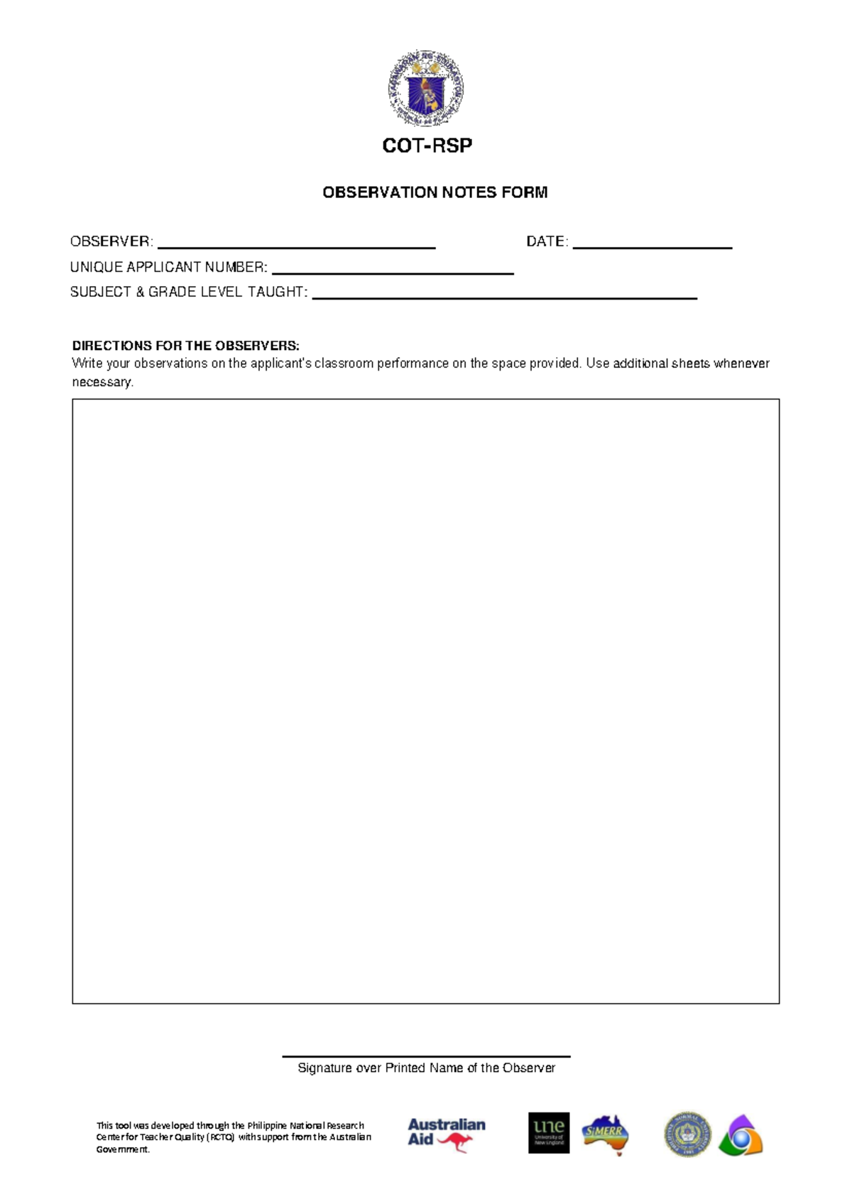 COT-RSP Observation and Rating Sheets for Teacher Applicants - Studocu