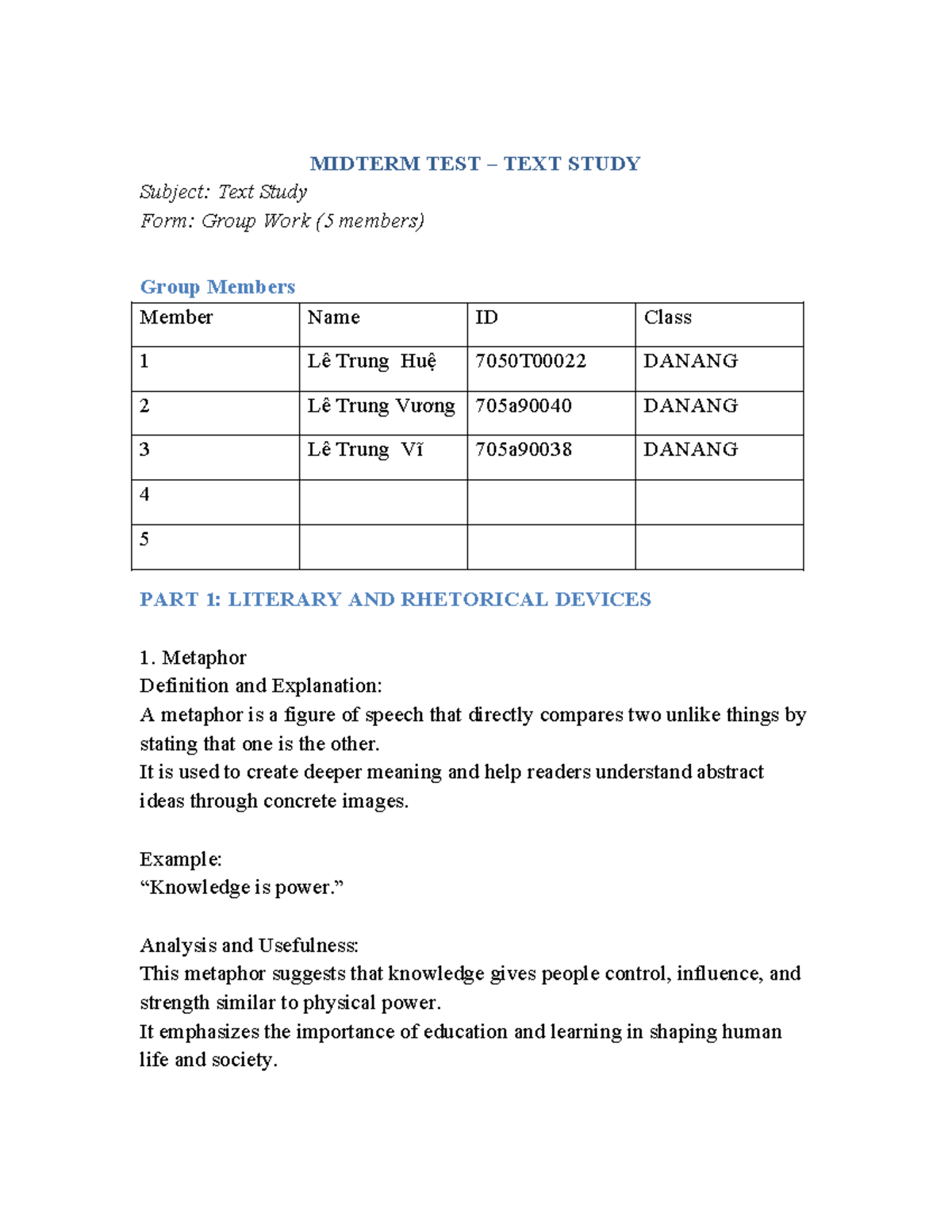 MIDTERM TEST TEXT STUDY: Literary & Rhetorical Devices Analysis - Studocu