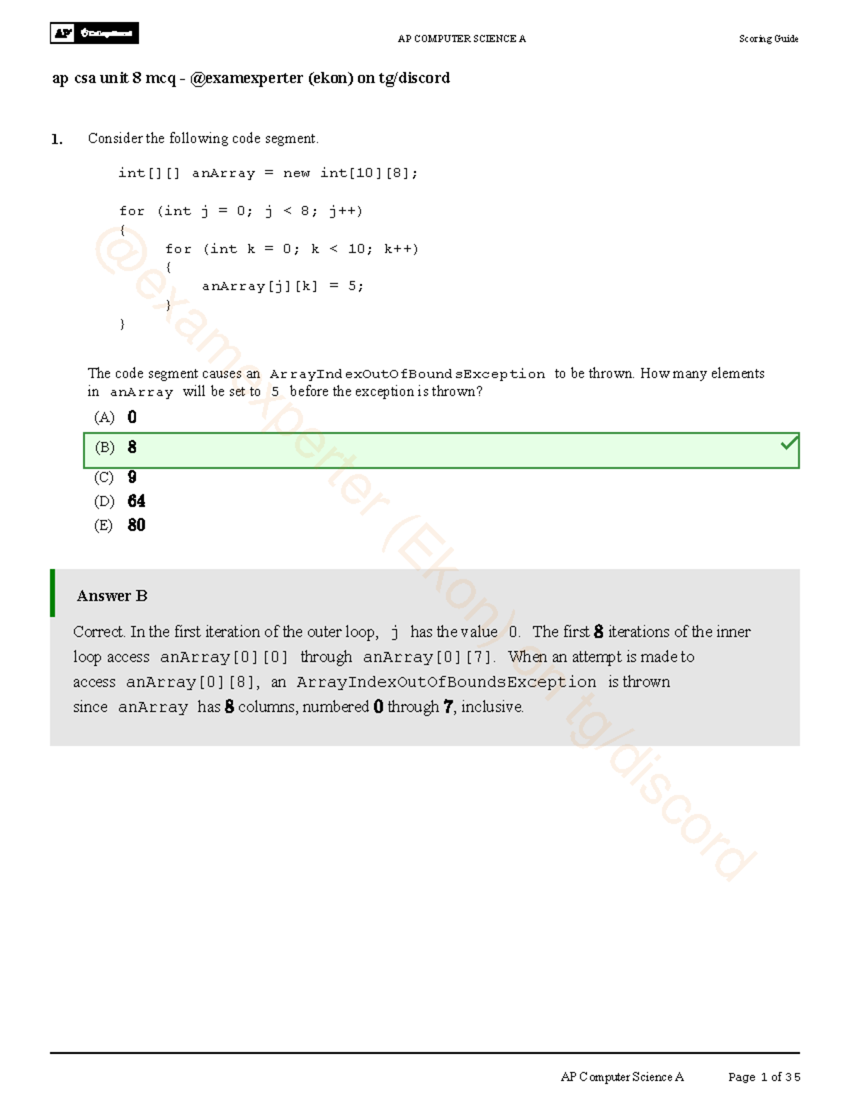 AP Computer Science A Unit 8 MCQ Practice Questions & Answers - Studocu