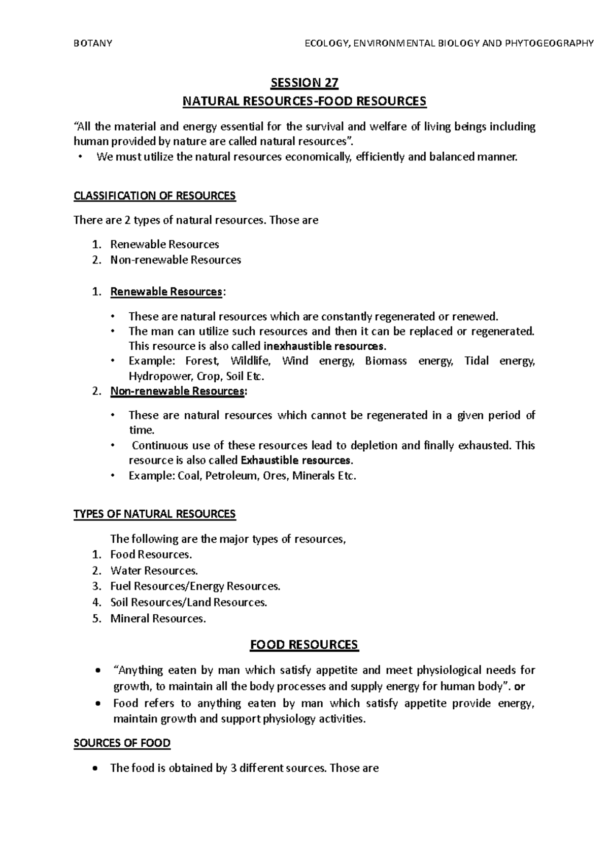 SM-Session 27 - Food Resources in Environmental Biology - Studocu