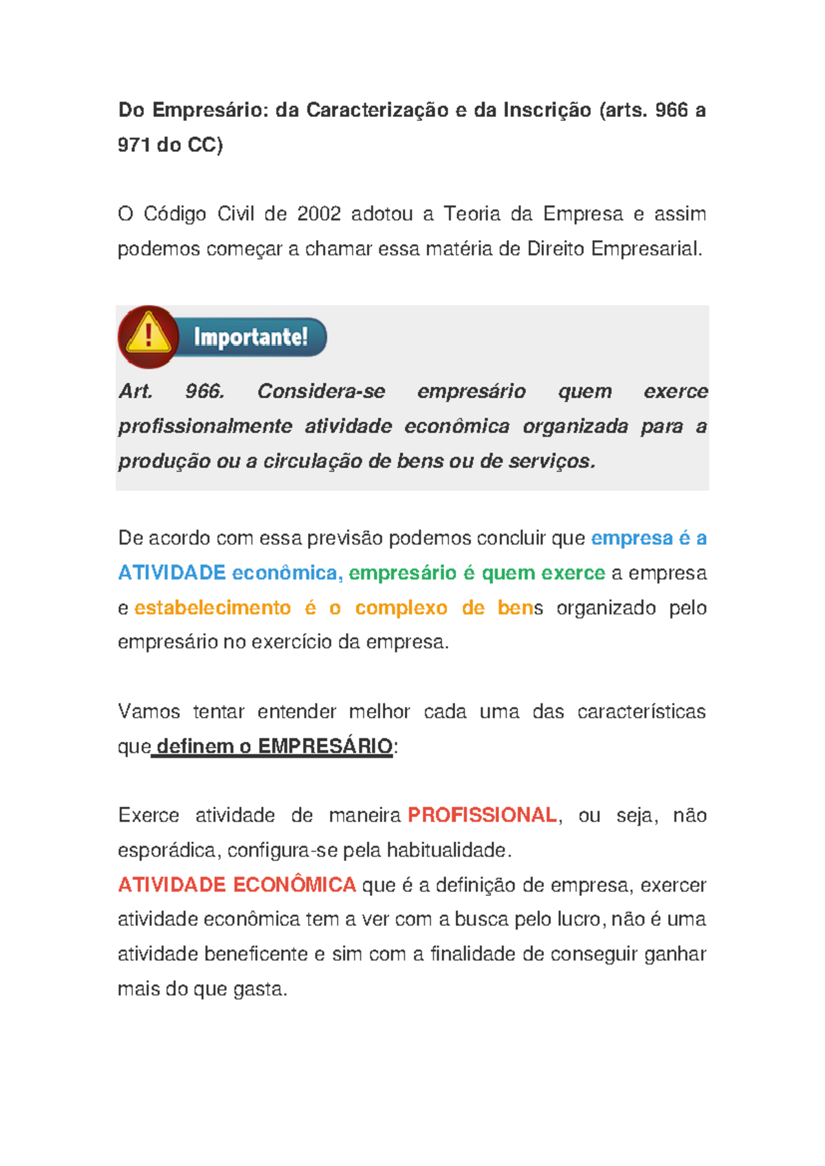 Resumo do Empresário: Caracterização e Inscrição no CC (arts. 966-971 ...