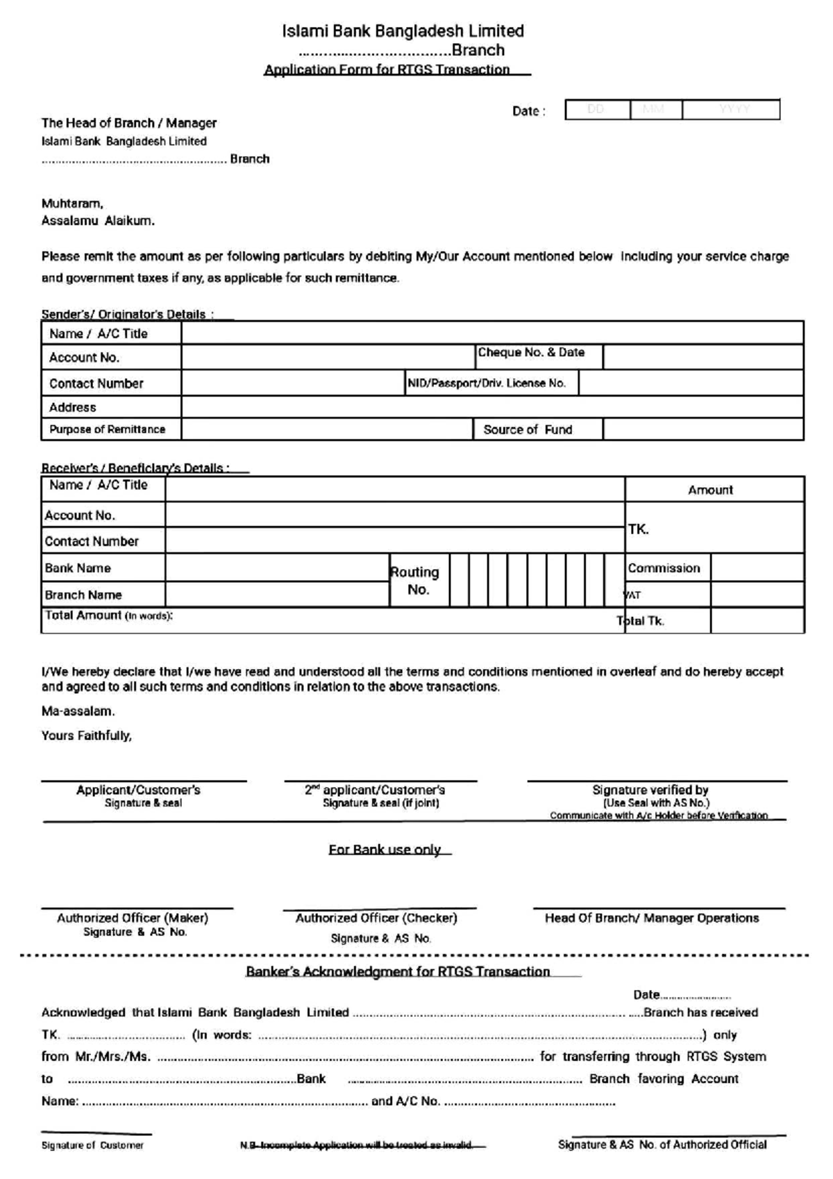 RTGS Transaction Form - Islami Bank Bangladesh Limited (IBBL) - Studocu