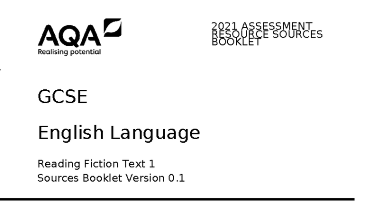 GCSE English Language - Reading Fiction Text 1 - Sources booklet - AR ...