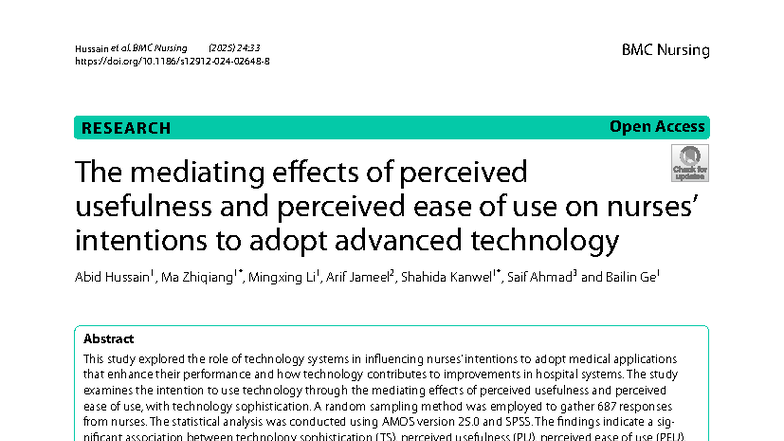 Mediating Effects of Usefulness & Ease on Tech Adoption in Nursing ...