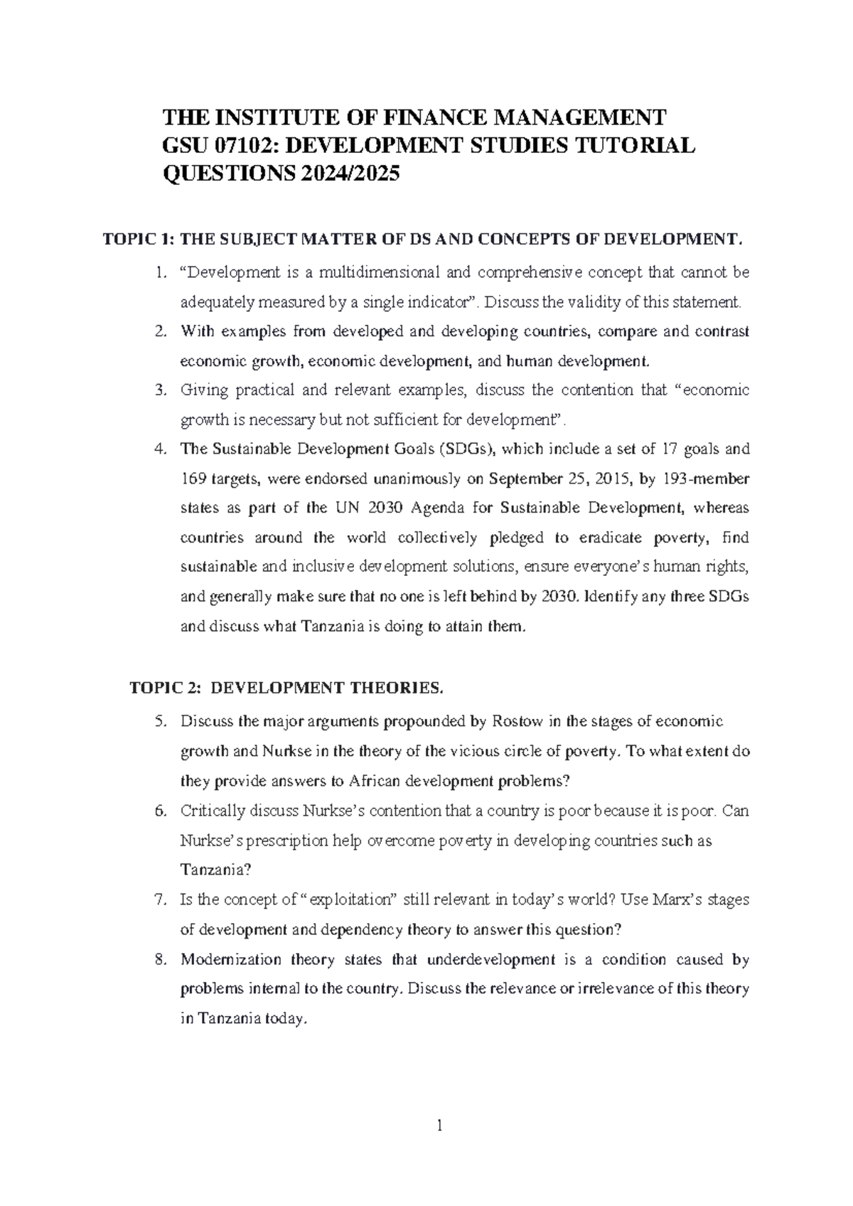 GSU 07102 Development Studies Tutorial Questions 2024-2025 - Studocu
