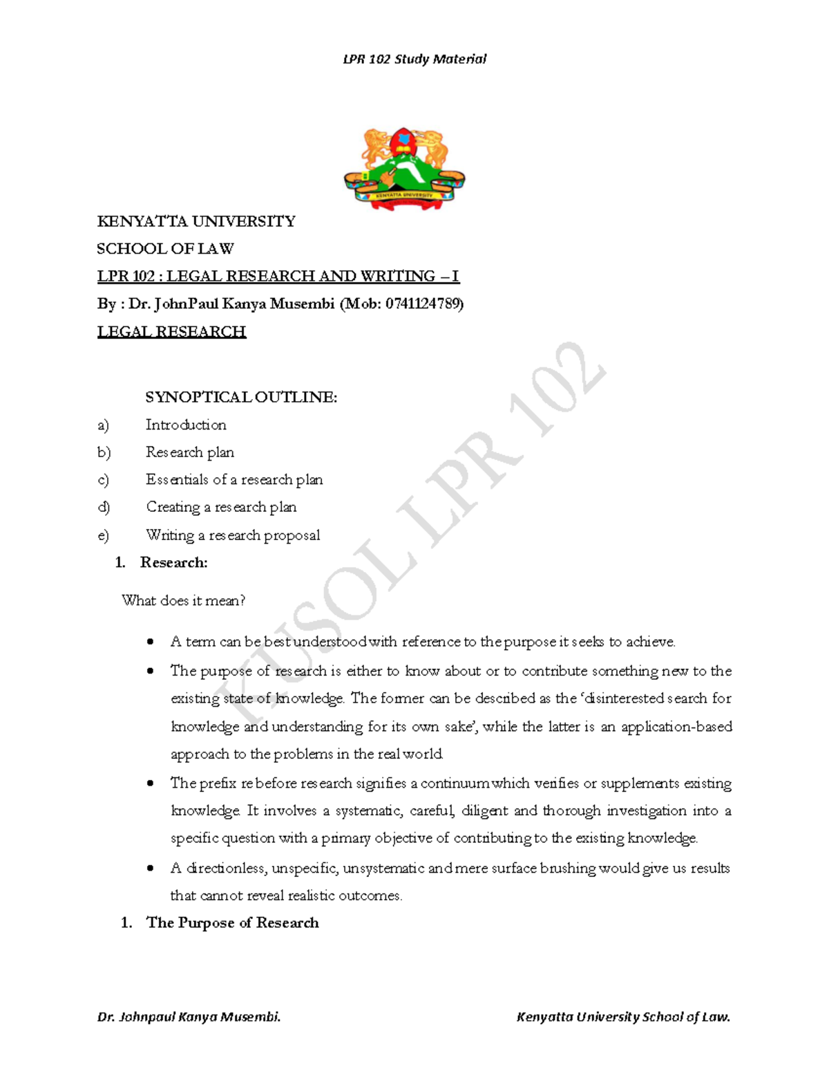 LPR 102: Legal Research and Writing - I Study Notes - Studocu