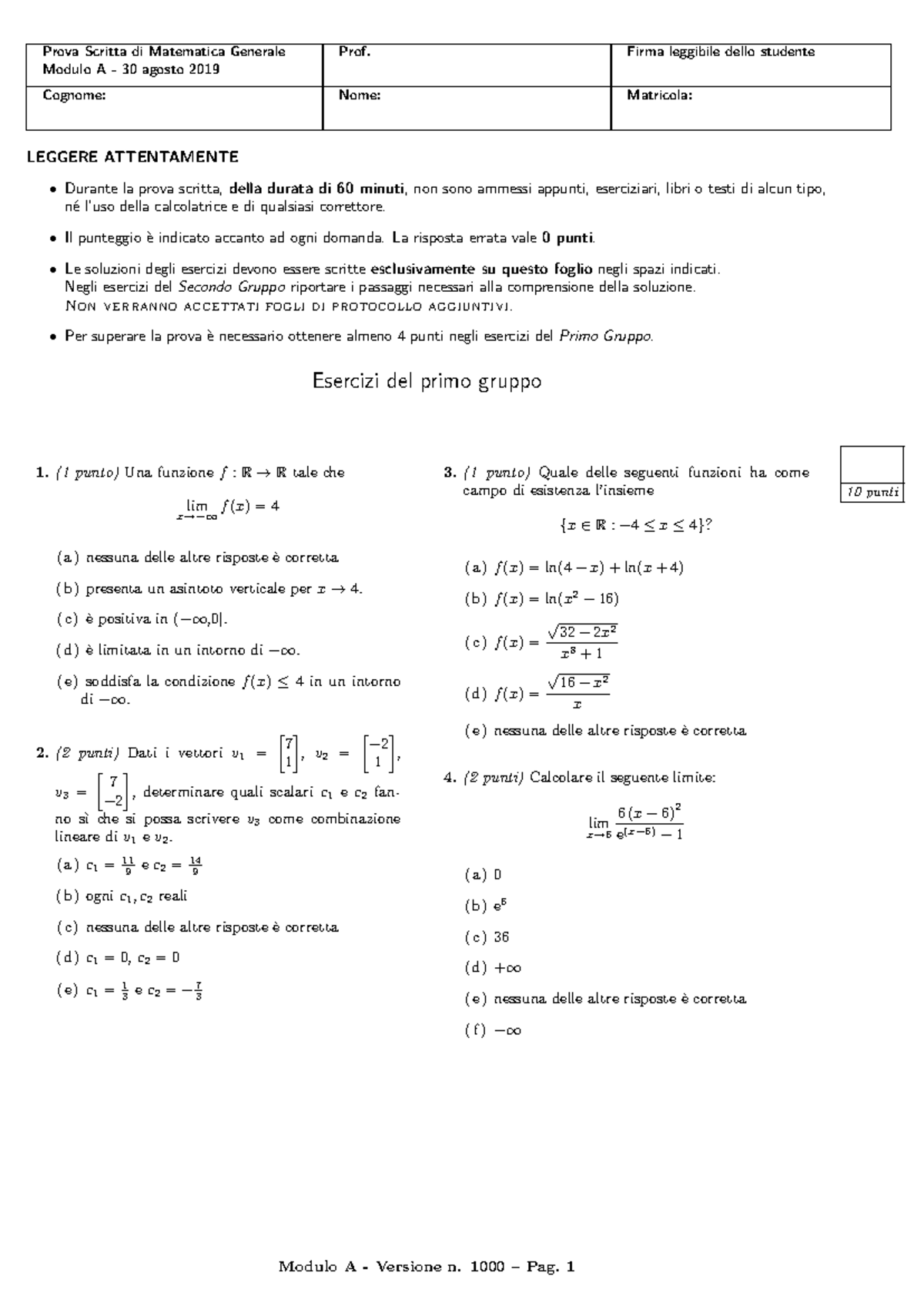 Prova Scritta di Matematica Generale Modulo A - 30 Agosto 2019 - Studocu
