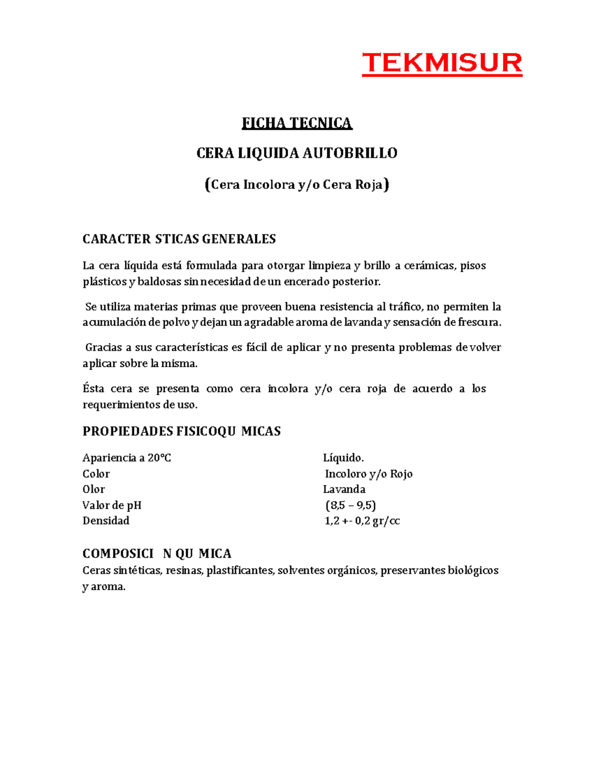 TEKMISUR FICHA TÉCNICA CERA LIQUIDA AUTOBRILLO - Cera Roja - Document Preview