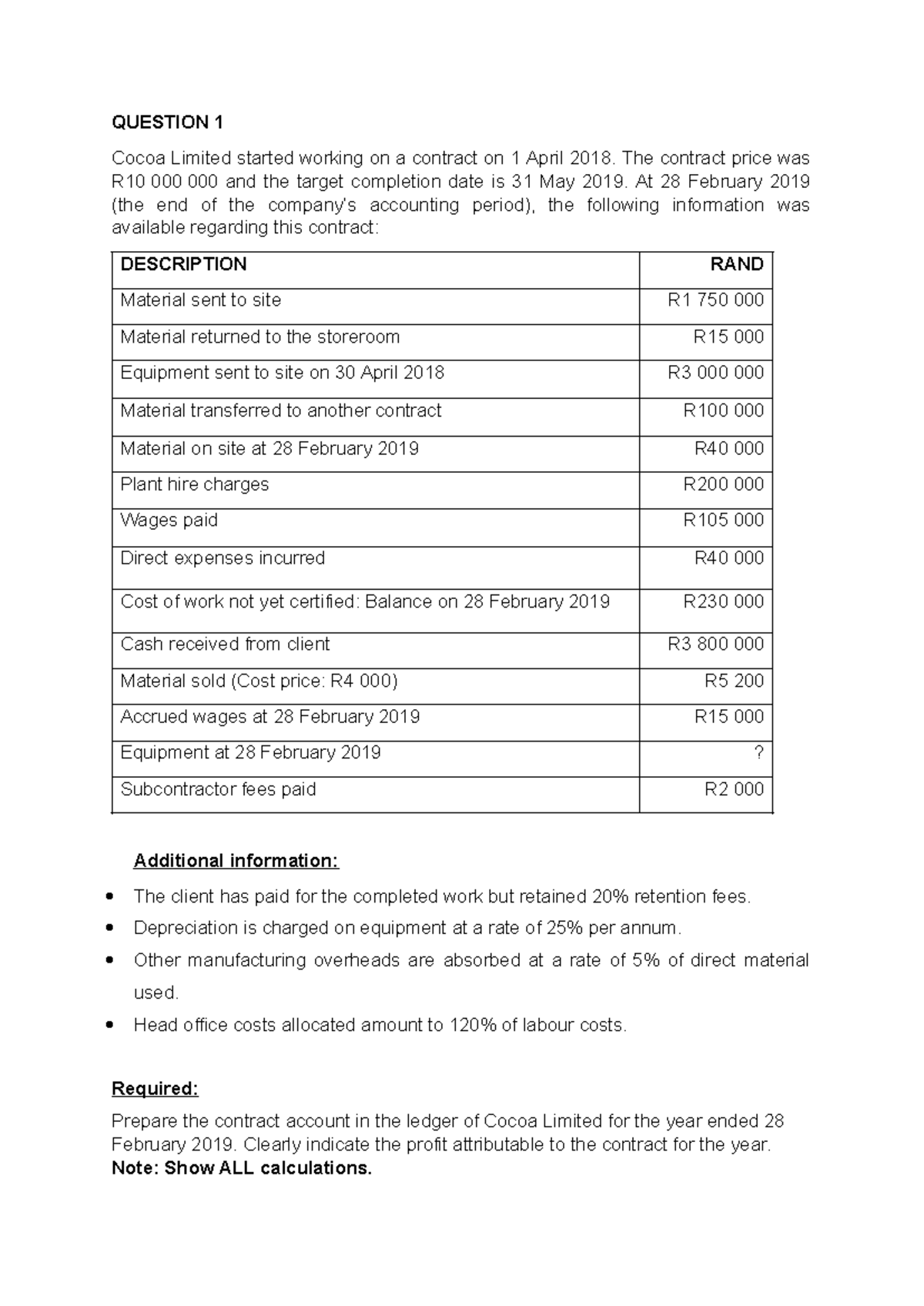 Cocoa Ltd contracts costing Question - QUESTION 1 Cocoa Limited started ...