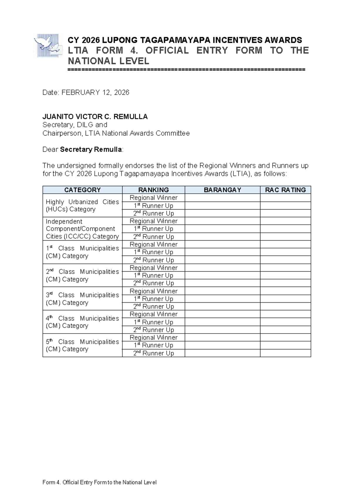 CY 2026 LTIA Form 4: Official Entry for National Awards - Studocu