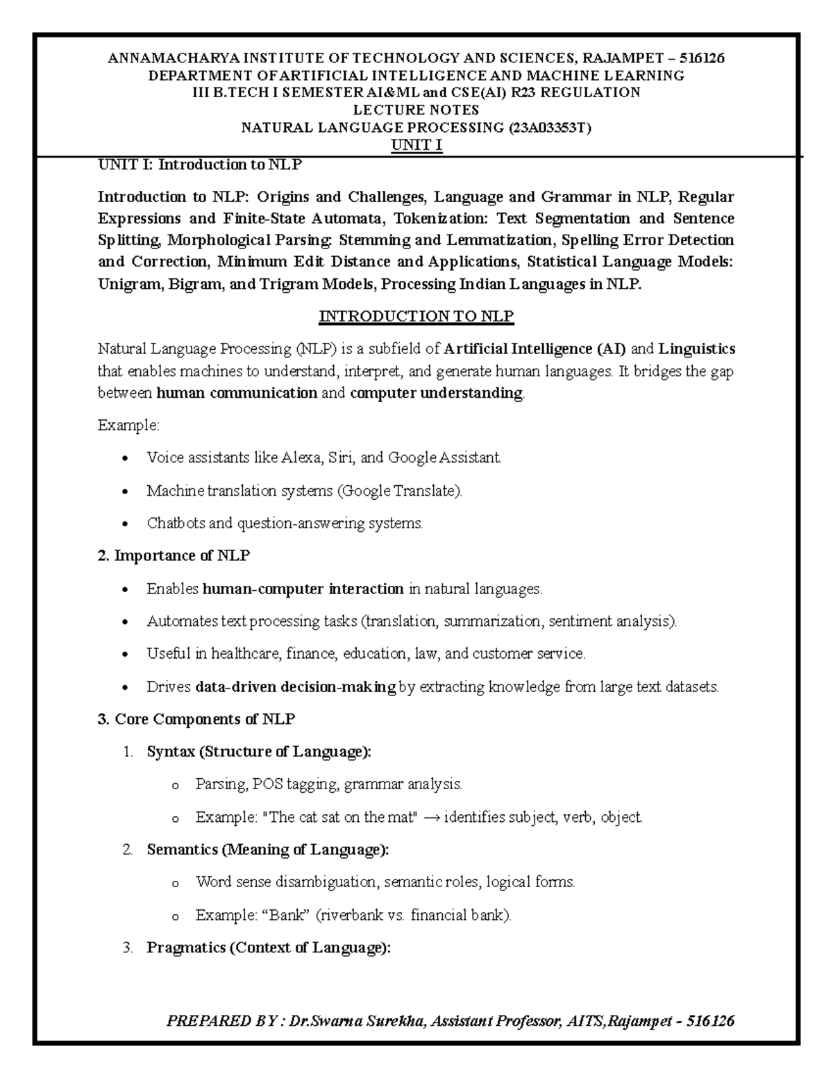 NLP - Complete Lecture Notes for CSE(AI) R23 - Unit I Overview - Studocu