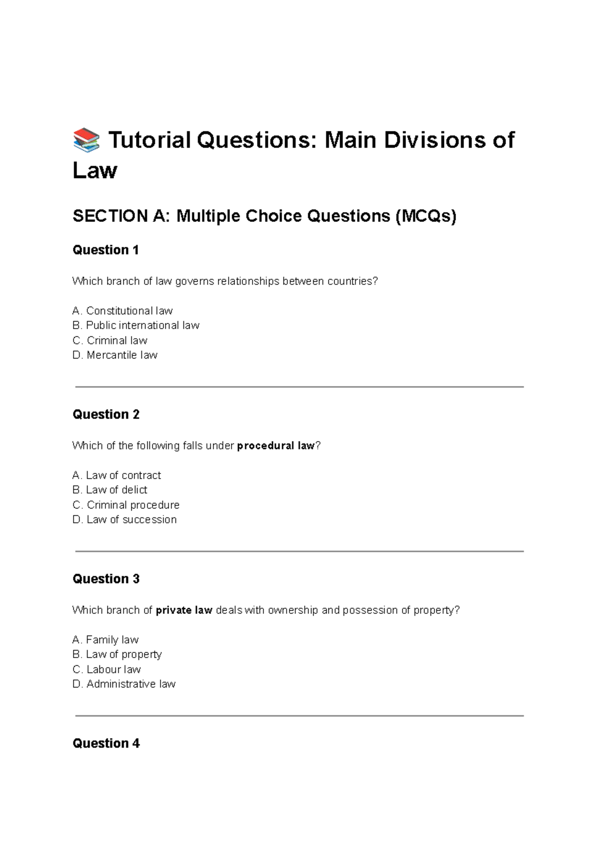 Tutorial Questions: Main Divisions of Law (LAW 101) - Studocu