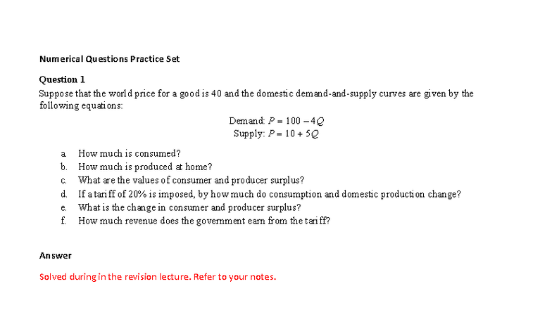 Numerical Questions Practice Set Solutions for Economics 101 - Studocu