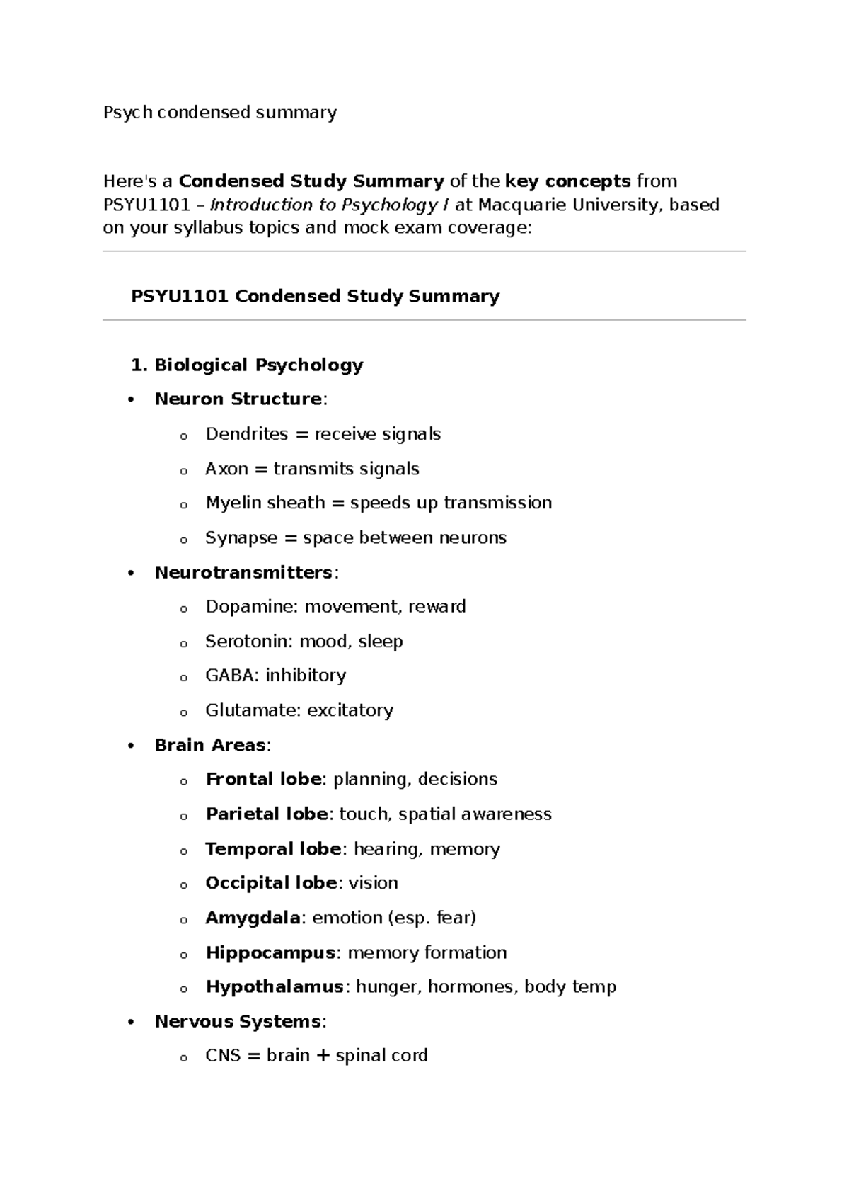 PSYU1101 Final Exam Condensed Study Summary of Key Concepts - Studocu