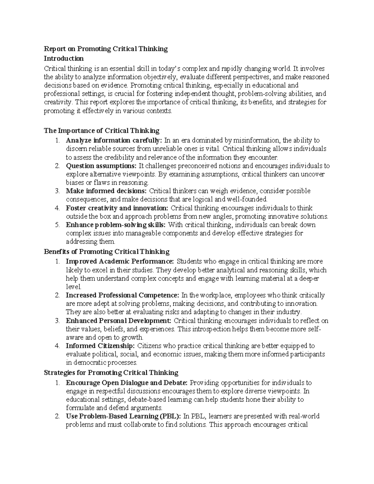 Report on Promoting Critical Thinking: Strategies and Benefits - Studocu