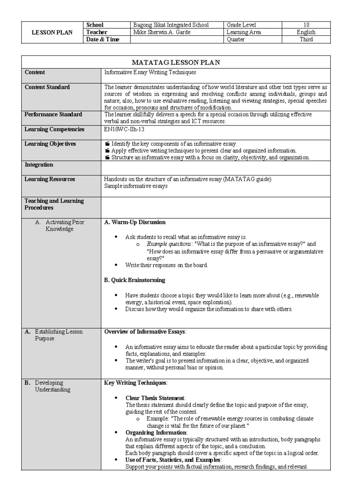 Q3 L4 - Lesson Plan on Informative Essay Writing Techniques - Studocu
