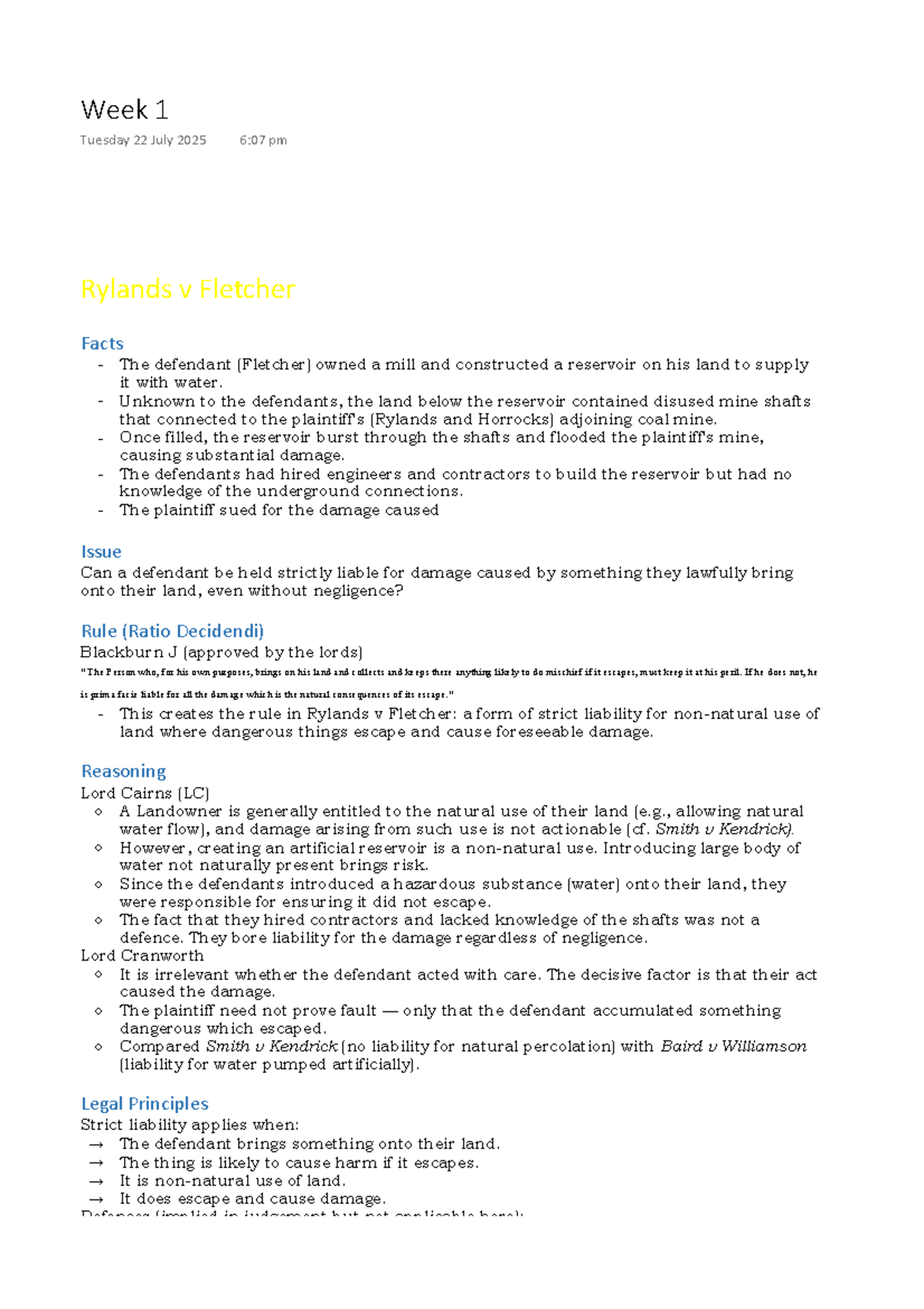 Week 1 Lecture Notes: Rylands v Fletcher & Tort Law Principles - Studocu