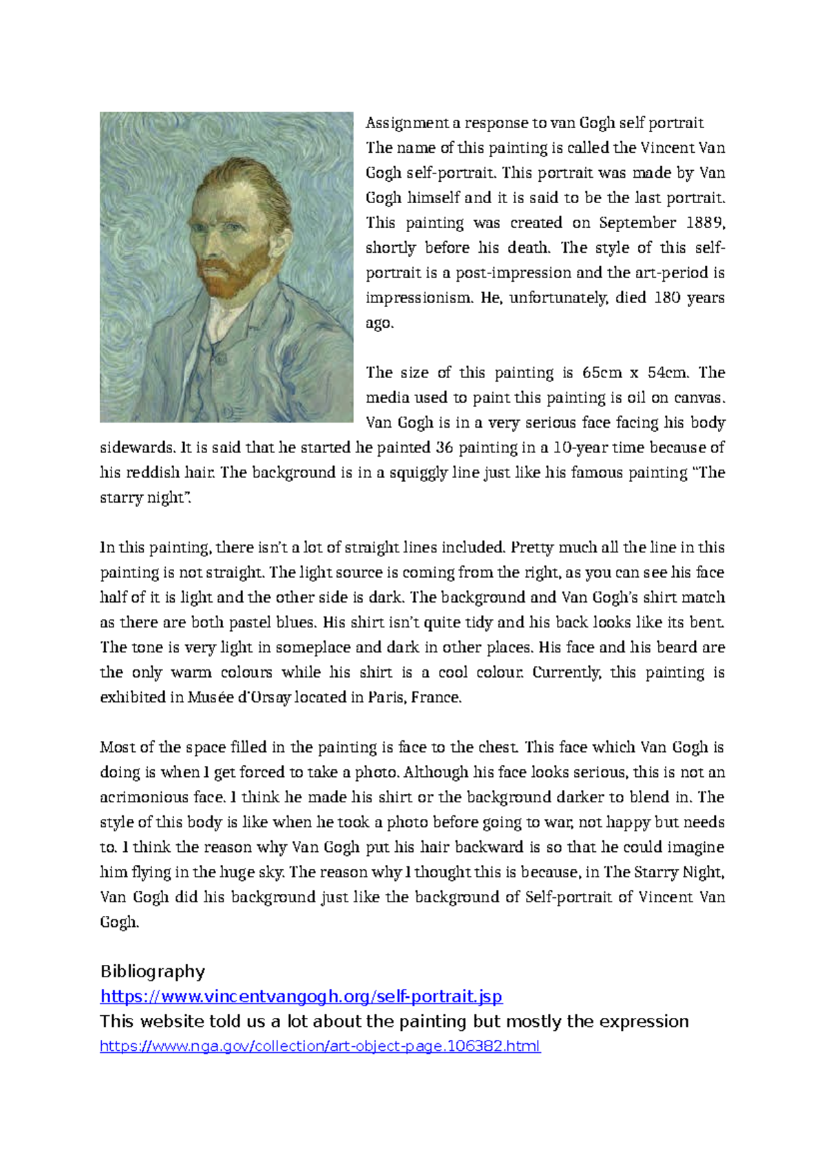 Van Gogh Self Portrait Analysis - Art History Assignment - Studocu