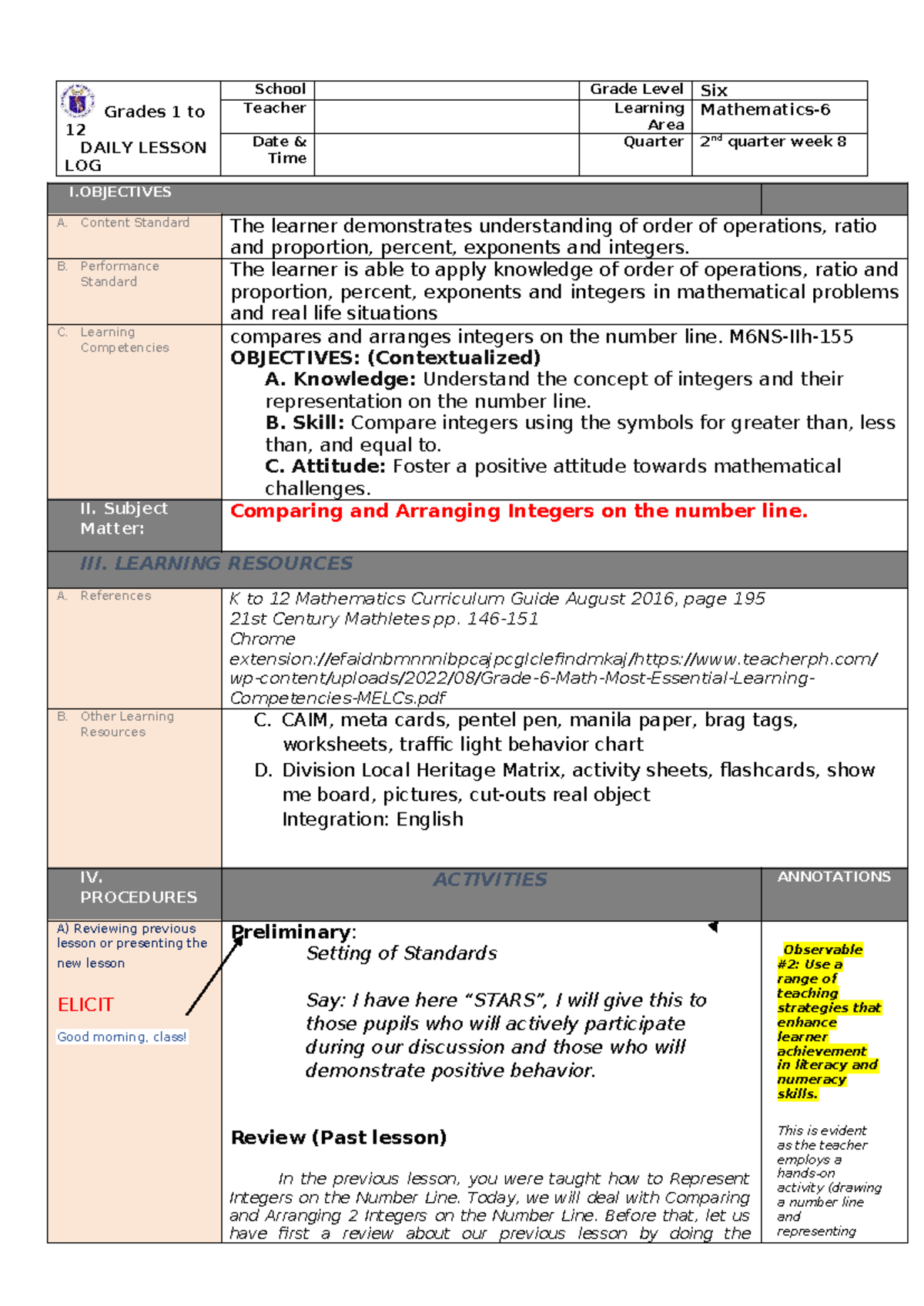 Cot Math 6: Daily Lesson Log for 2nd Quarter Week 8 - Integers - Studocu