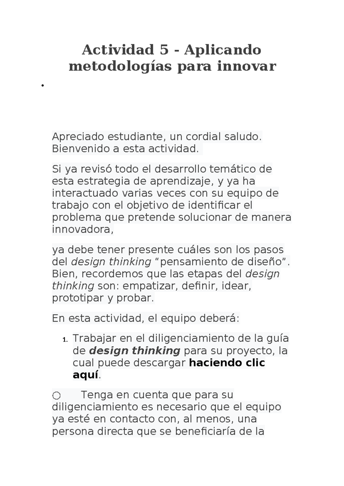 Actividad 5: Innovación y Design Thinking en Proyectos - Studocu