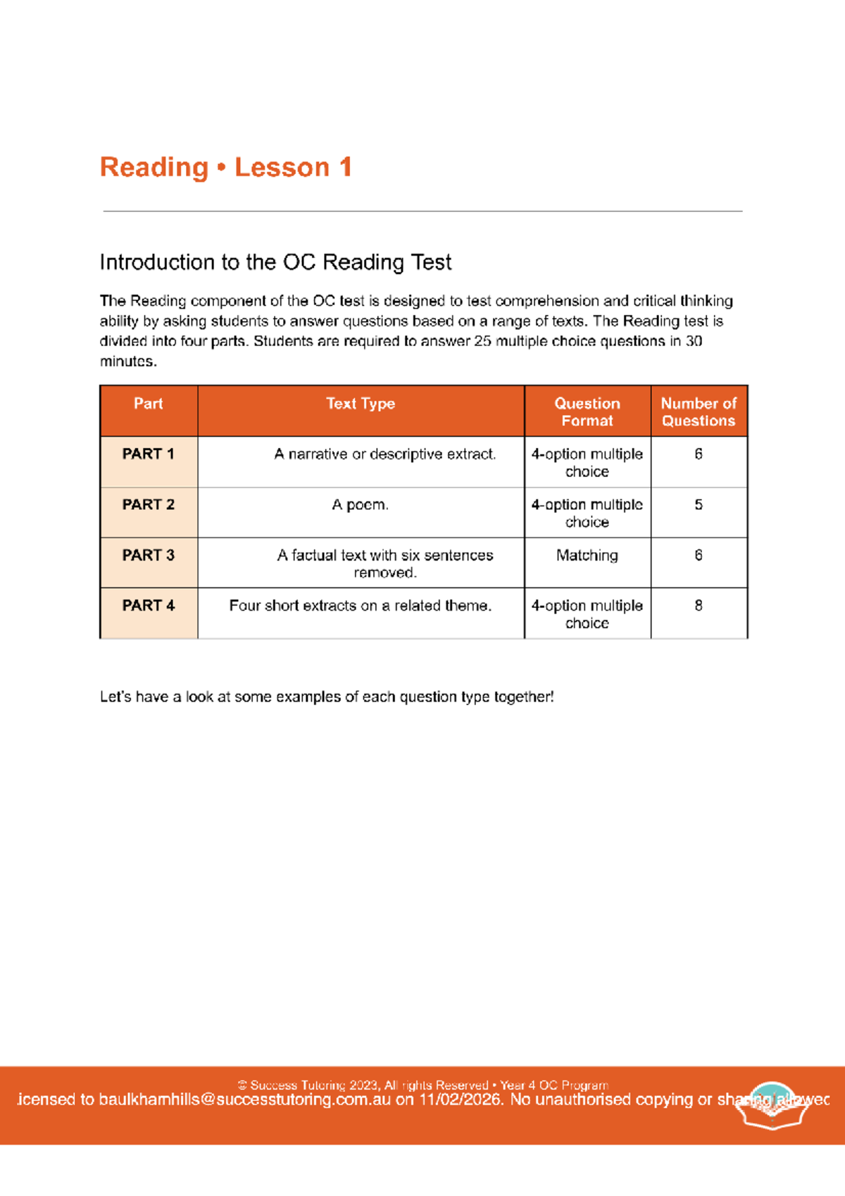 Year 4 OC Reading Program: Lesson 1 - Introduction to the OC Reading ...
