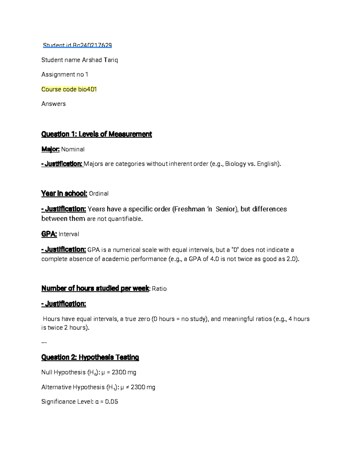Bio 401 Assignment 1: Levels of Measurement & Hypothesis Testing - Studocu