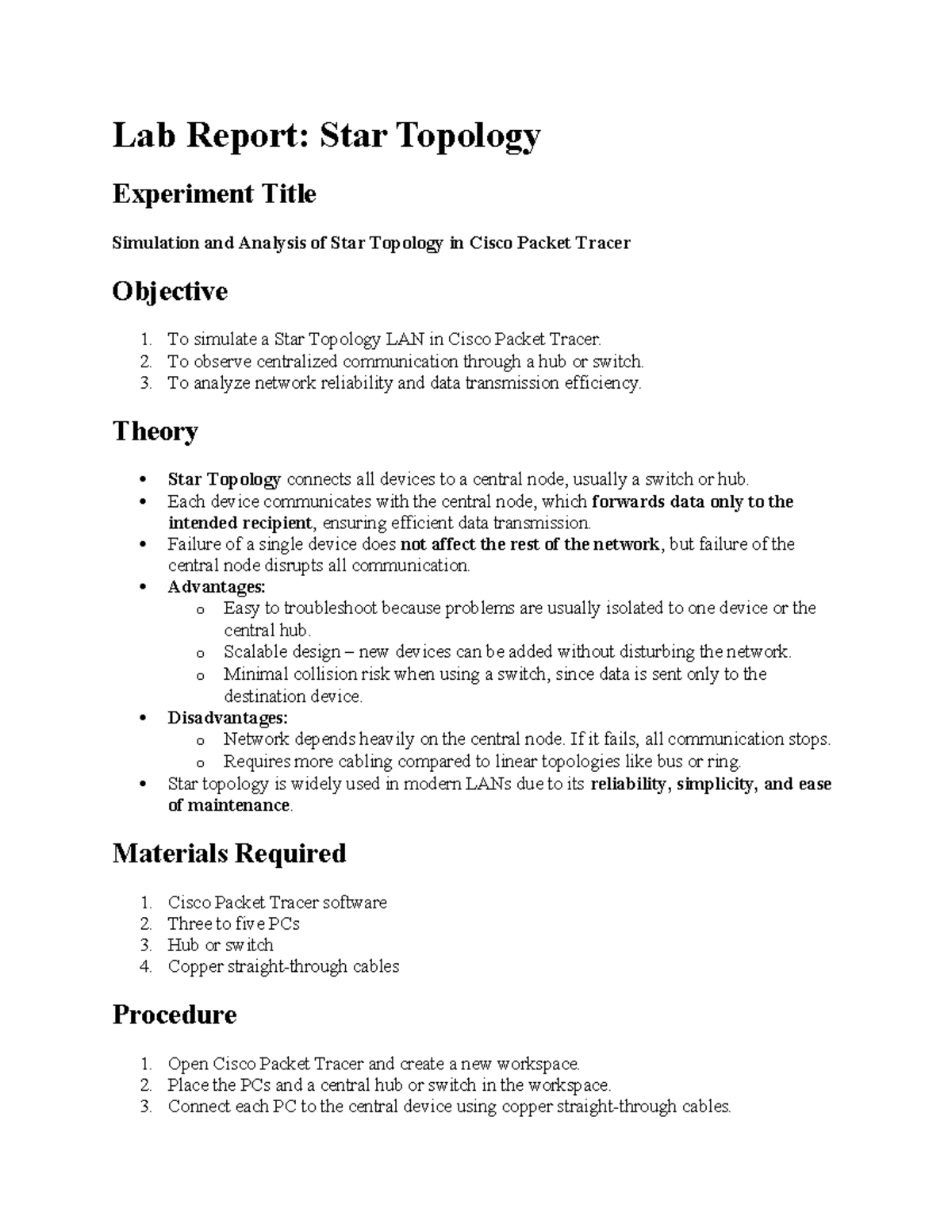 Lab Report: Star Topology Simulation in Cisco Packet Tracer - Studocu