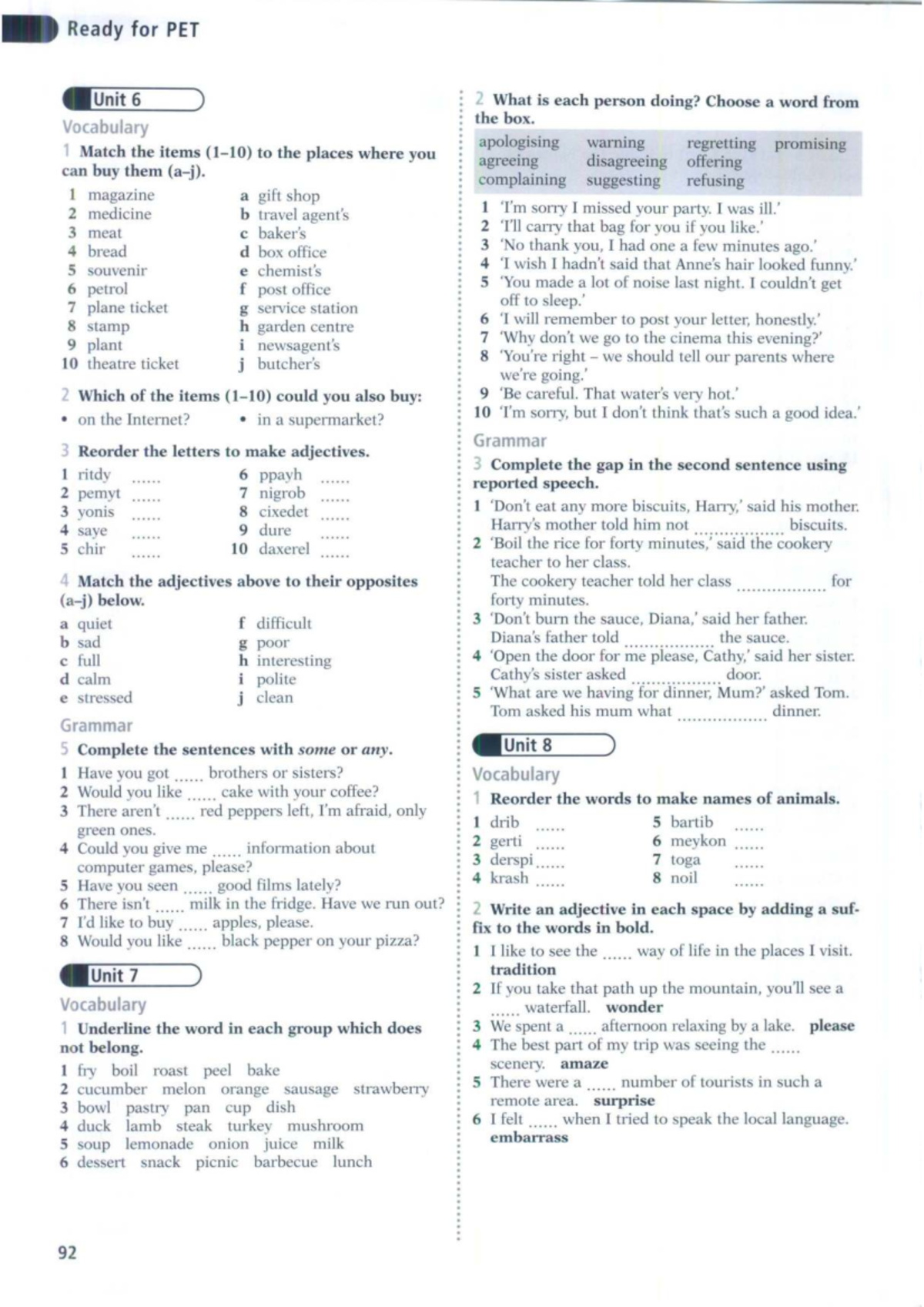 Ready for PET Unit 6 & 8 Vocabulary and Grammar Exercises - Studocu