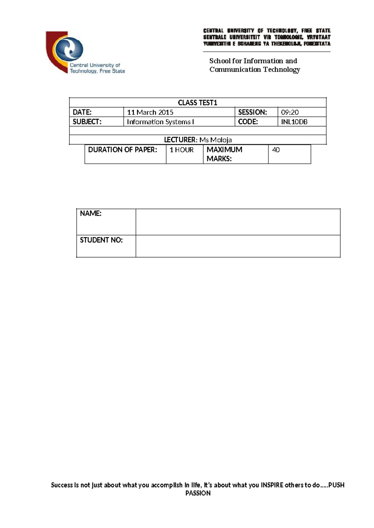 INL10DB Class Test 1 Memo - Information Systems I (2015) - Studocu