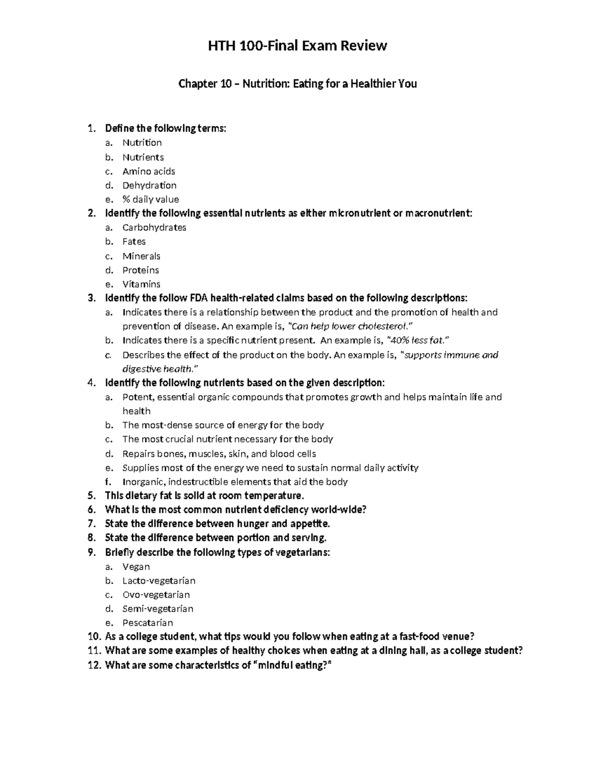 HTH 100 - Final Exam Review: Nutrition & Physical Fitness Guide - Studocu