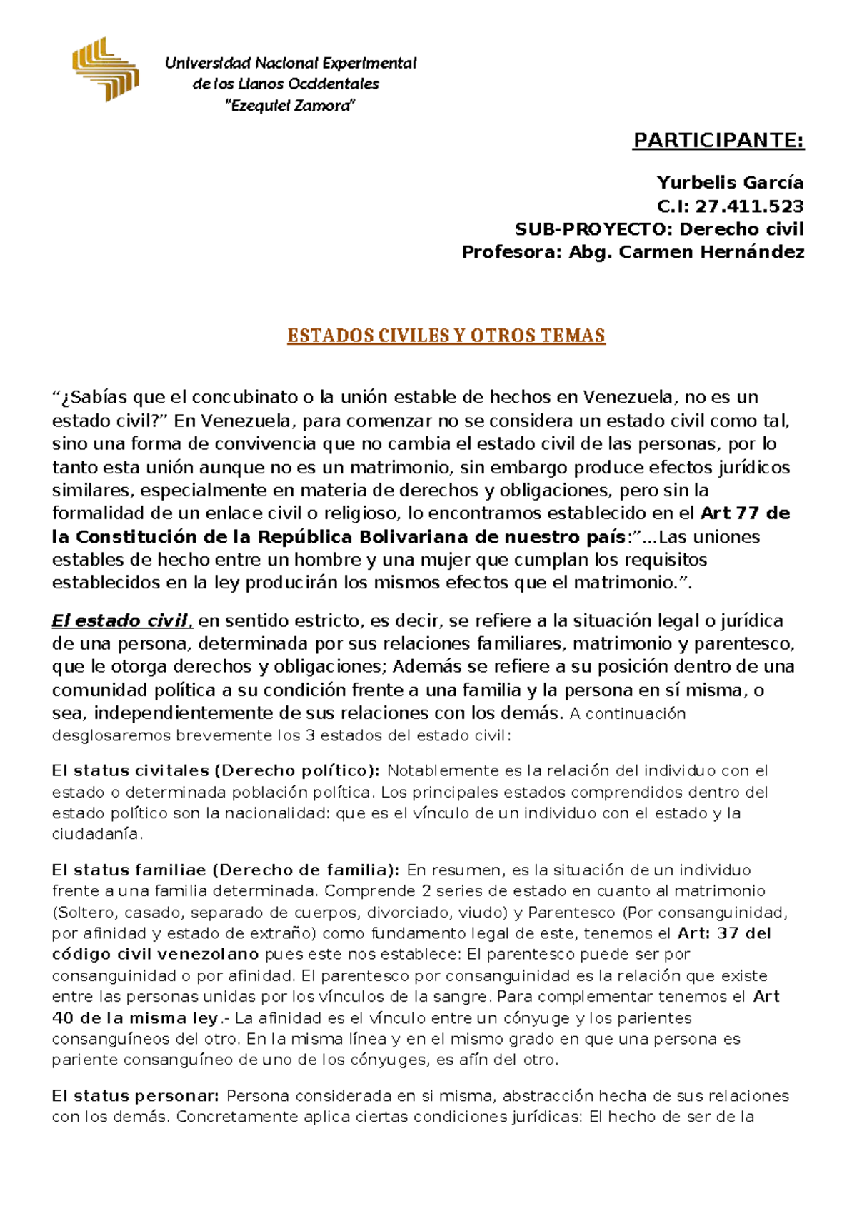 Derecho Civil: Estados Civiles y Posesión de Estado en Venezuela - Studocu