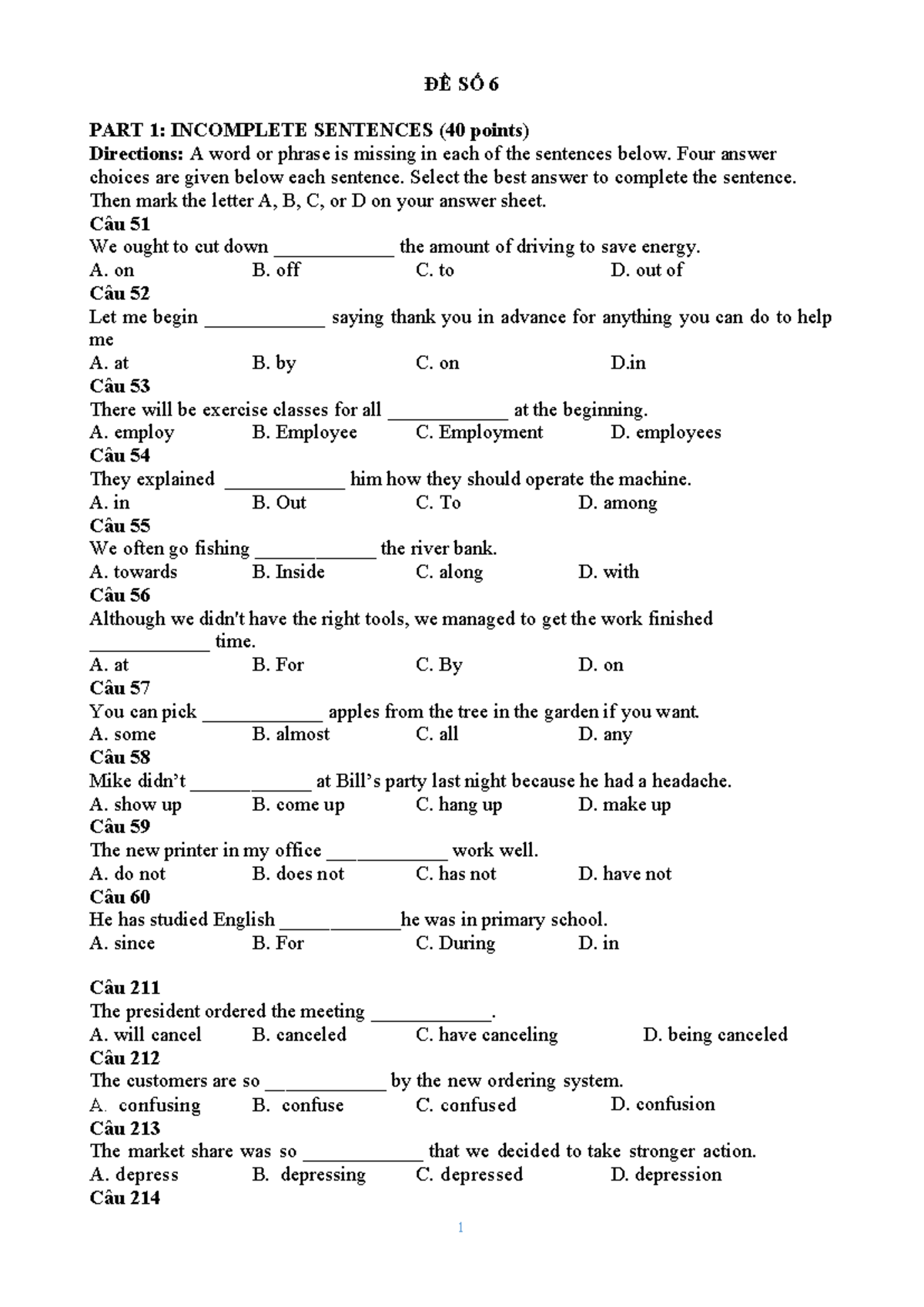 Đề 6 - Part 1: Incomplete Sentences Practice (40 points) - Studocu