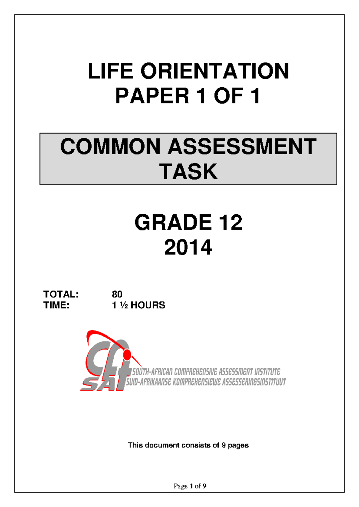 LIFE ORIENTATION GRADE 12 COMMON ASSESSMENT TASK SEPT 2014 - Studocu
