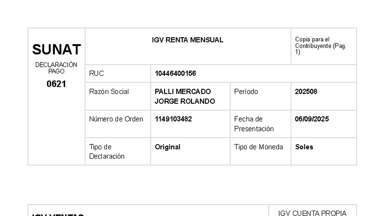 PDT 0621 Declaración de Pago IGV Renta Mensual - Rolando Agosto 2025 ...