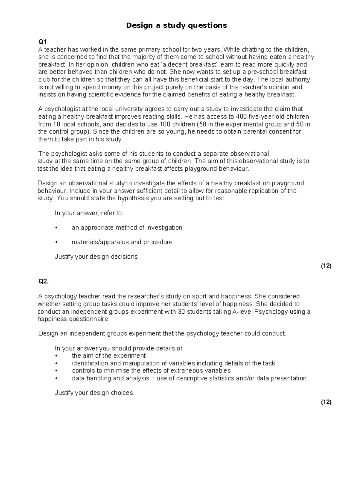 Psychology Design Study Questions: Observational & Experimental Methods ...