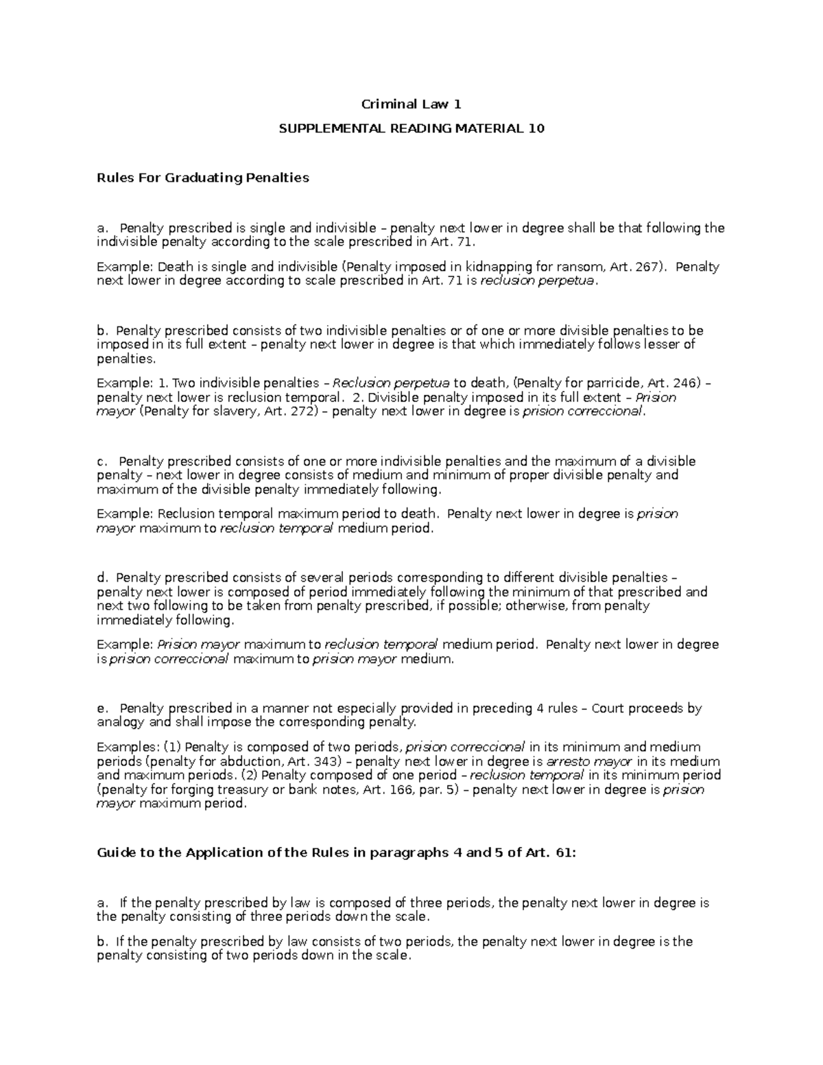 Criminal Law 1 - Supplemental Reading 10: Rules for Graduating ...